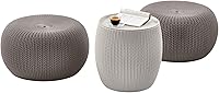 Keter Urban Knit Pouf Ottoman Set of 2 with Storage Table - Indoor Outdoor Patio Seating, Cream & Taupe, Weatherproof