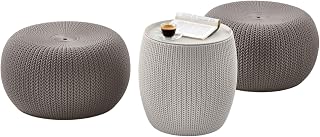 Keter Urban Knit Pouf Ottoman Set of 2 with Storage Table - Indoor Outdoor Patio Seating, Cream & Taupe, Weatherproof