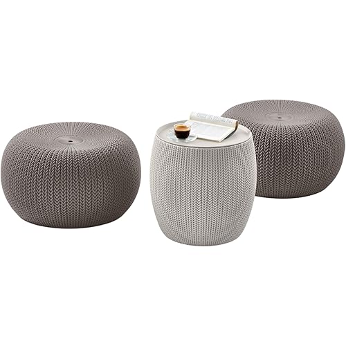 KETER Urban Knit Pouf Ottoman Set of 2 with Storage Table for Patio and Room Décor-Perfect for Balcony, Deck, and Outdoor Seating, Cream & Taupe