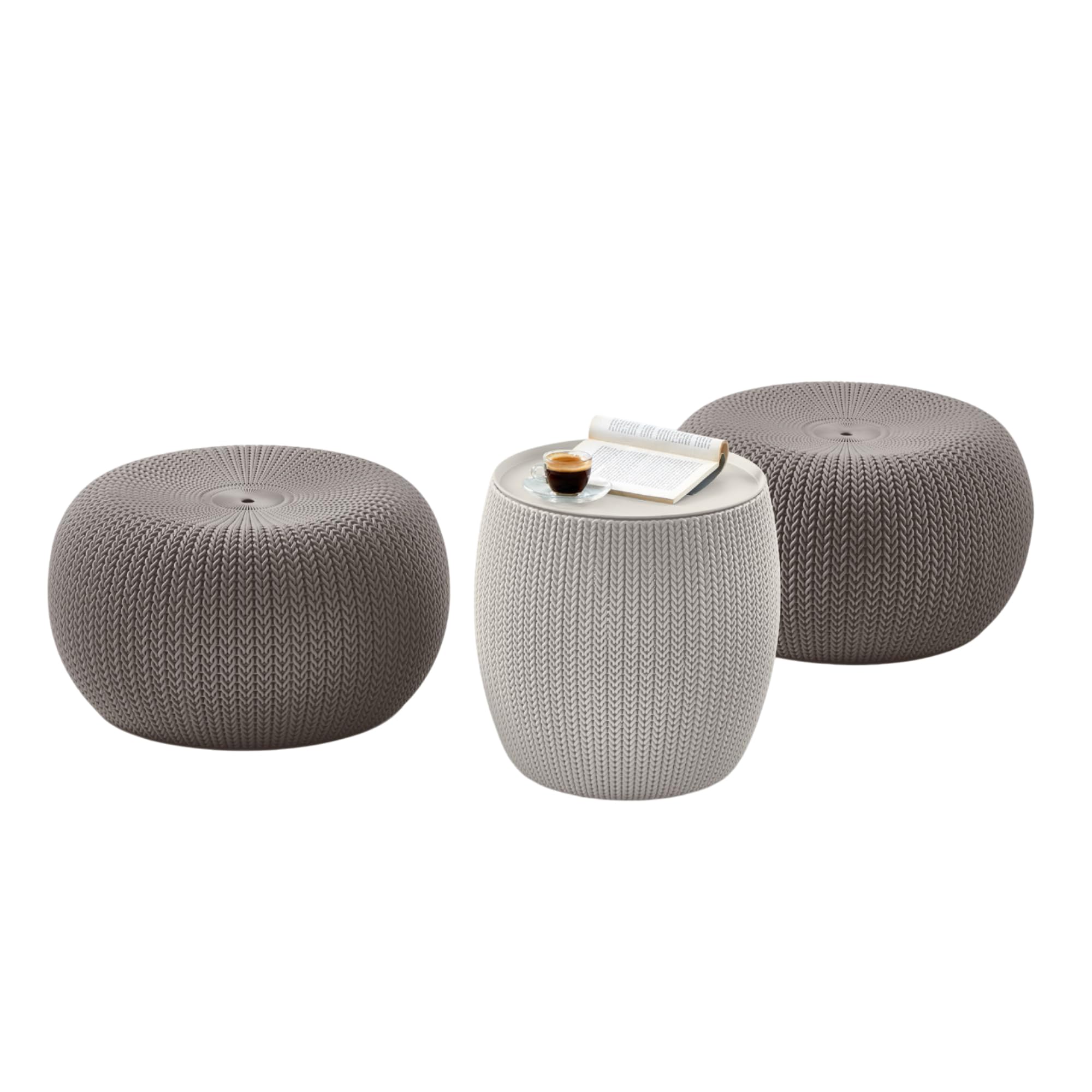 KETER Urban Knit Pouf Ottoman Set of 2 with Storage Table for Patio and Room Décor-Perfect for Balcony, Deck, and Outdoor Seating, Cream & Taupe