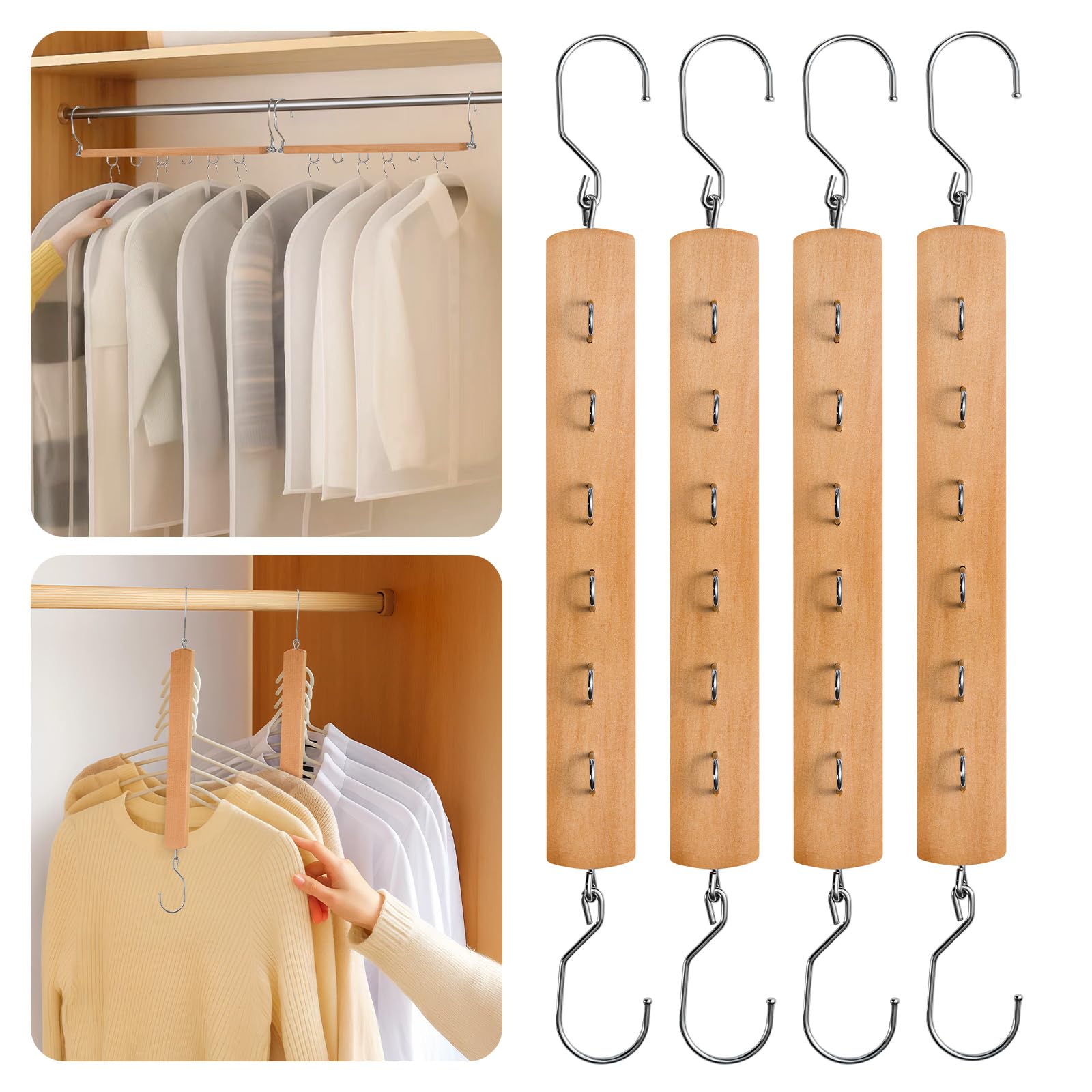 M.J COMFY-LIFE 4 Pack Space Saving Hangers with 360° Swivel Hook 6-Tier clothes Organiser (Hangers Not Included) (Natural)