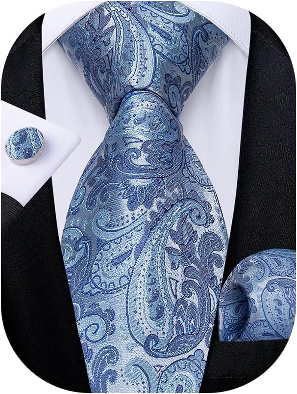 DiBanGu Mens Paisley Tie Set Silk Woven Jacquard Necktie and Pocket Square Cufflinks Gift Set for Wedding Bussiness