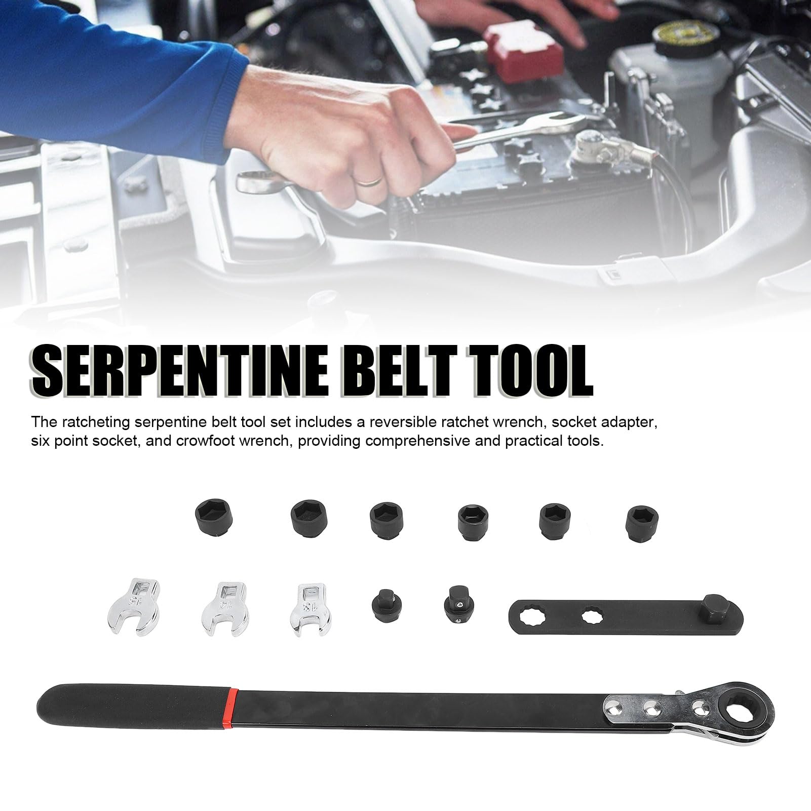 Set di Attrezzi per Cinghia a Serpentina a Cricchetto Strumento per Cinghia a Serpentina Facile Usare Kit di Attrezzi Tenditore per Cinghia a Serpentina Robusto e a Cricchetto