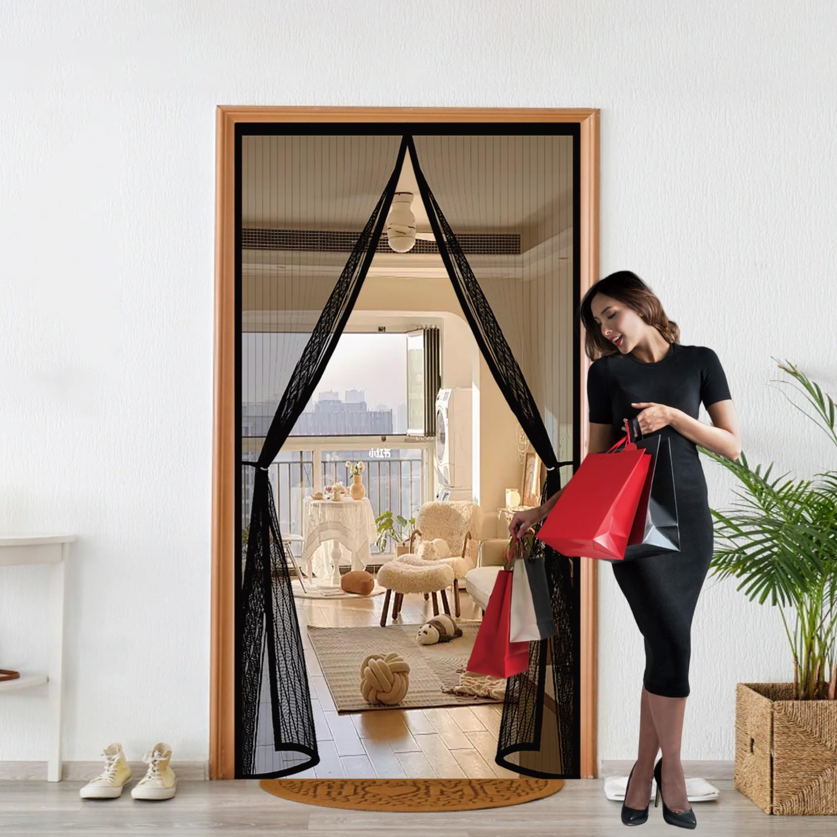 Rideau moustiquaire porte 100 x 260 cm noir aimanté sans perçage