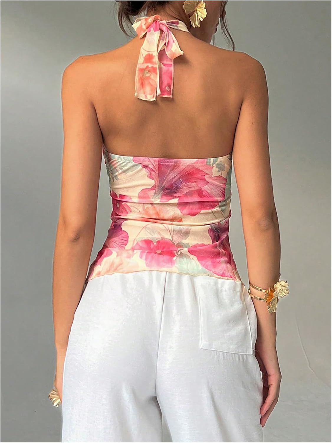 MakeMeChic Women's Floral Halter Tops Tie Backless Ruched Fitted Summer Tank - Image 3