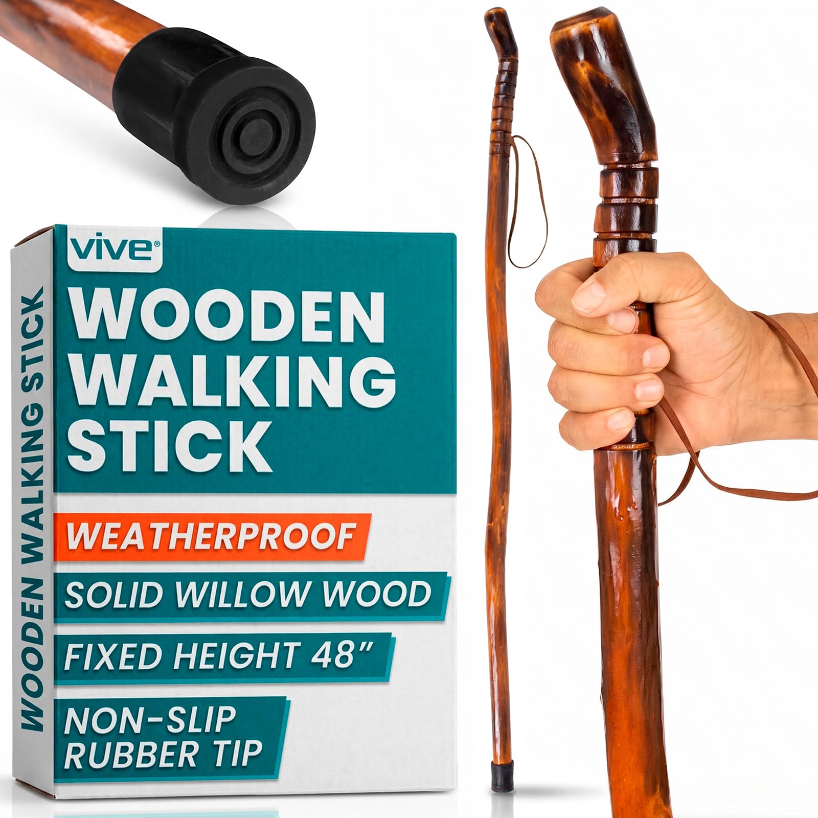 Vive Wooden Walking Stick for Hiking - Balance & Hiking Staff - Wood
