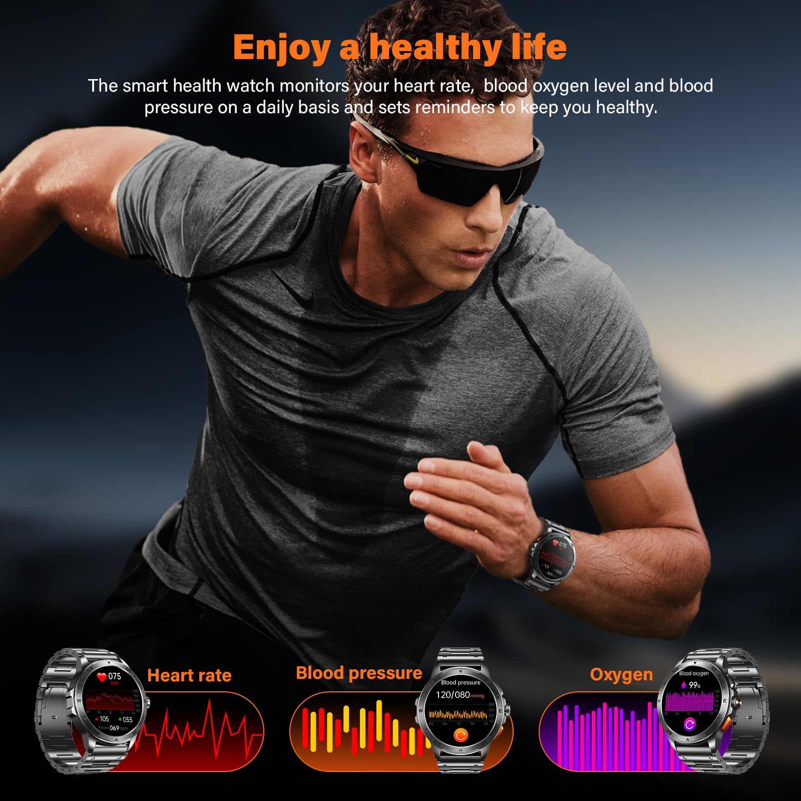 Smartwatch Herren, 1,43" AMOLED Display Fitnessuhr mit Bluetooth Telefonfunktion, 24/7 Herzfrequenzmessung, SpO2-Monitor, 100+ Sportmodi, IP68 wasserdicht, Schlafanalyse, kompatibel mit Android & iOS