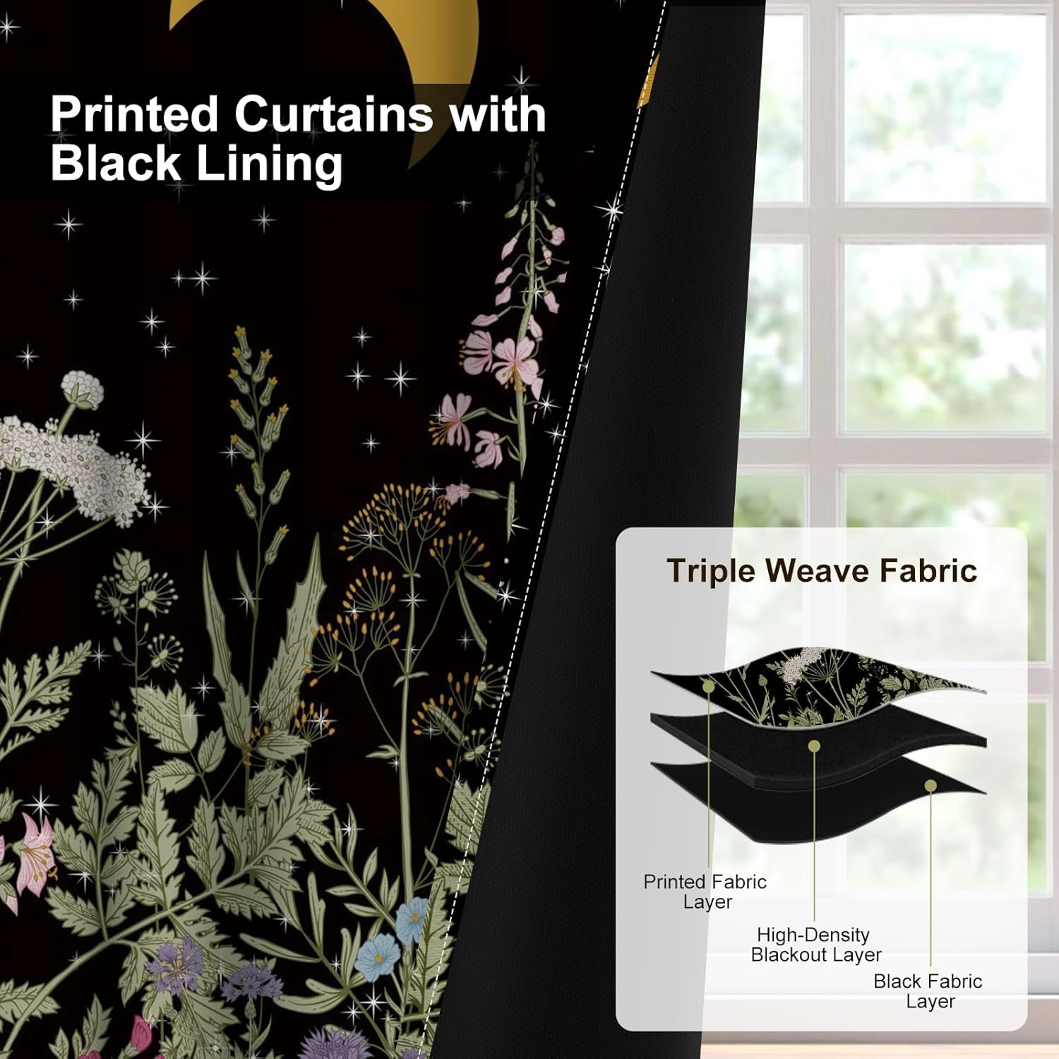 Black Floral Printed Blackout Curtains for Bedroom and Nursery, Thermal Insulated Light Filtering Drapes 84 Inch Length 2 Panels Set, Room Darkening Soundproof Privacy Winter Curtains with Tiebacks