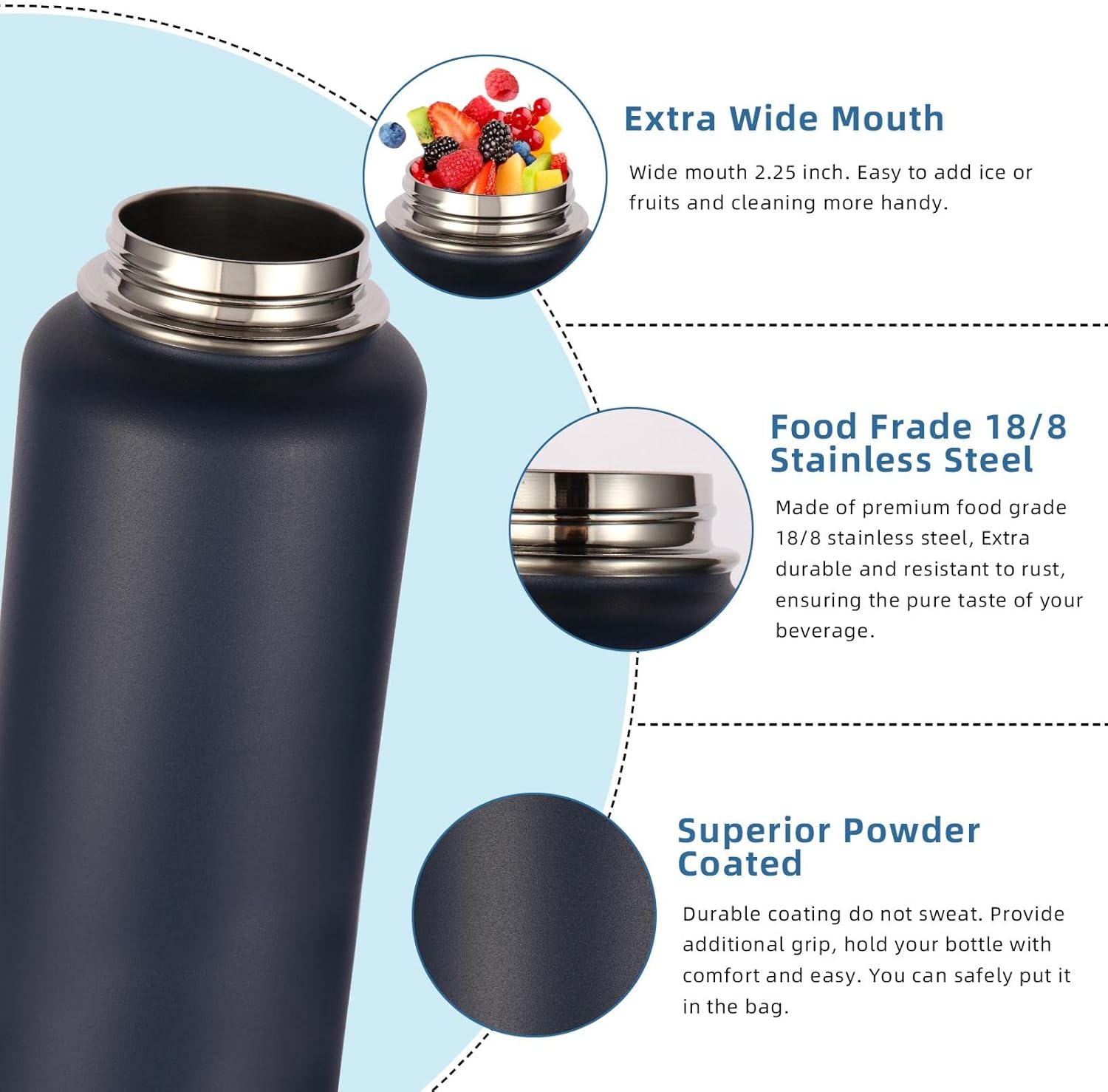 Volhoply 40 oz Insulated Water Bottles Paracord Handle, Stainless Steel Bottle with Spout Lid, Double Walled Vacuum Metal Travel Water Jug with Wide Mouth (Navy,1 Set) - Image 4