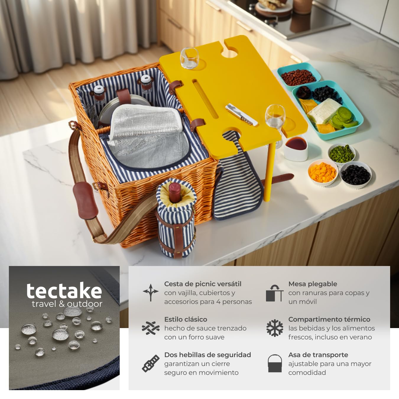 tectake® Cesta Picnic de Mimbre 4 Personas, con Manta Impermeable, Nevera Portatil, Mesa, Nevera Playa, Cesta Mimbre Vajilla de 20 Piezas, sacacorchos, salero y Enfriador de Vino - Modelo Langeoog