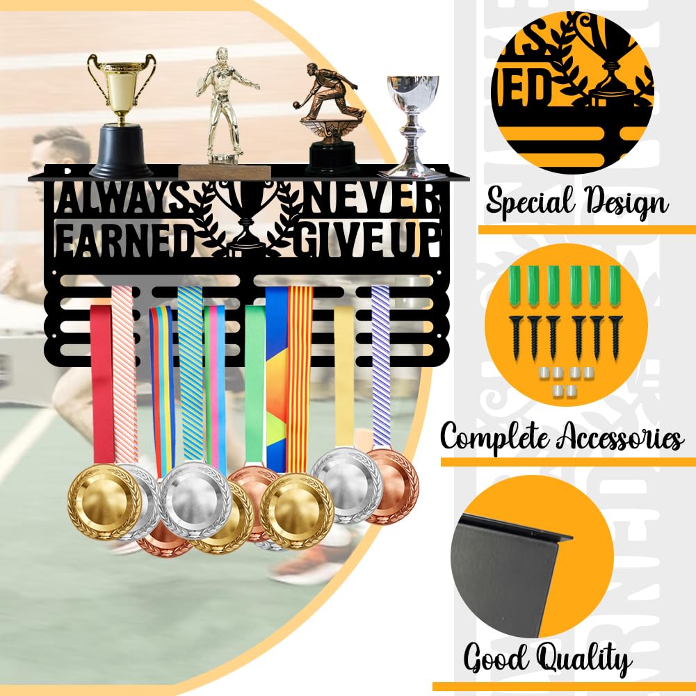 SUPERDANT Always Earned Never Given Trophy and Medal Display Shelf Medal Hanger Holder Displaying 4 Rows Race Medal Display and Medal Hanger with Shelf for Athletes Sports Awards Storage - Image 2