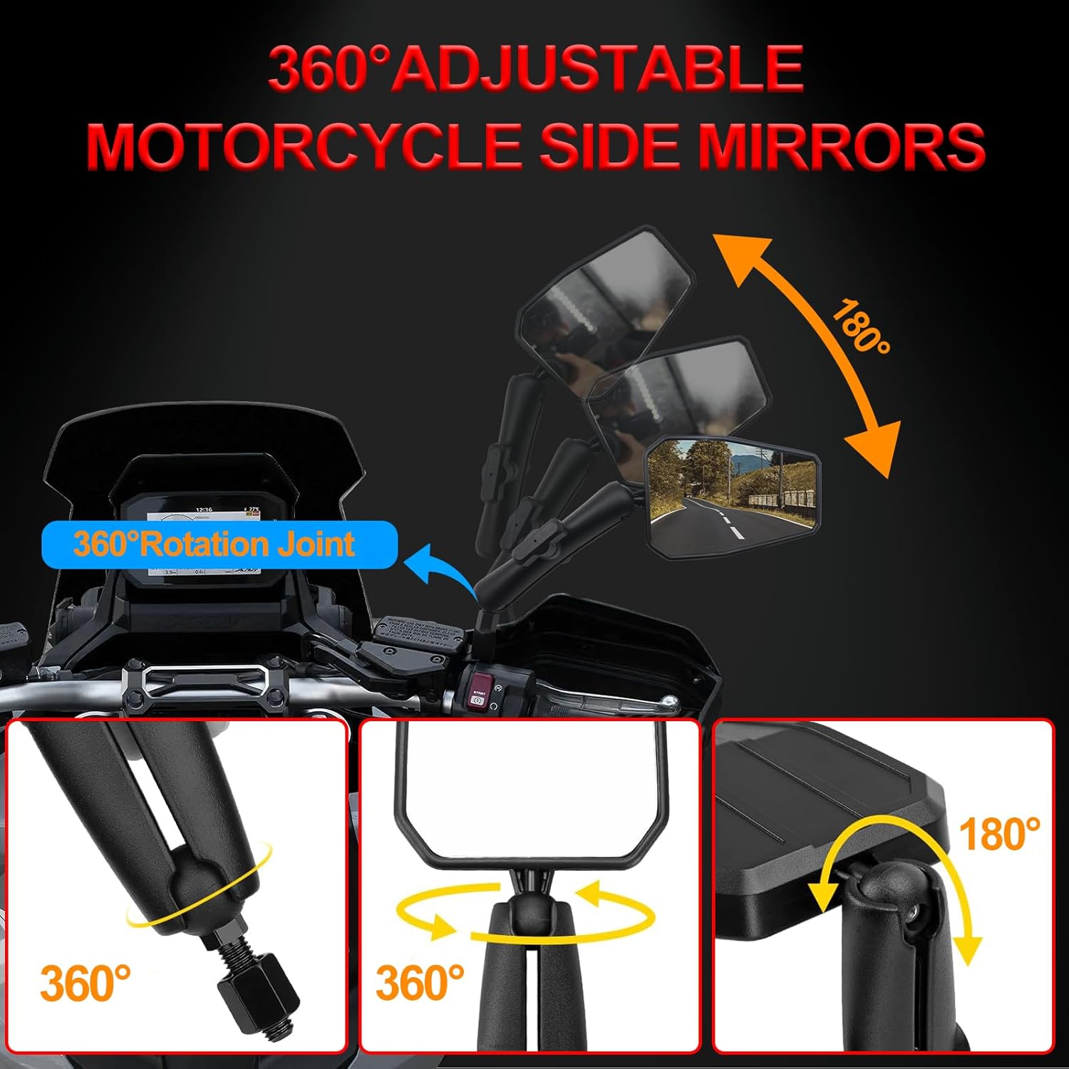 Adventure Motorcycle Mirrors Universal 10mm 8mm Foldable Rearview Mirrors with 7/8" Handlebar Mount Fits Motorcycle Street Dirt Electric Bike Ebike Scooter ATV Quad (Trapezoidal)