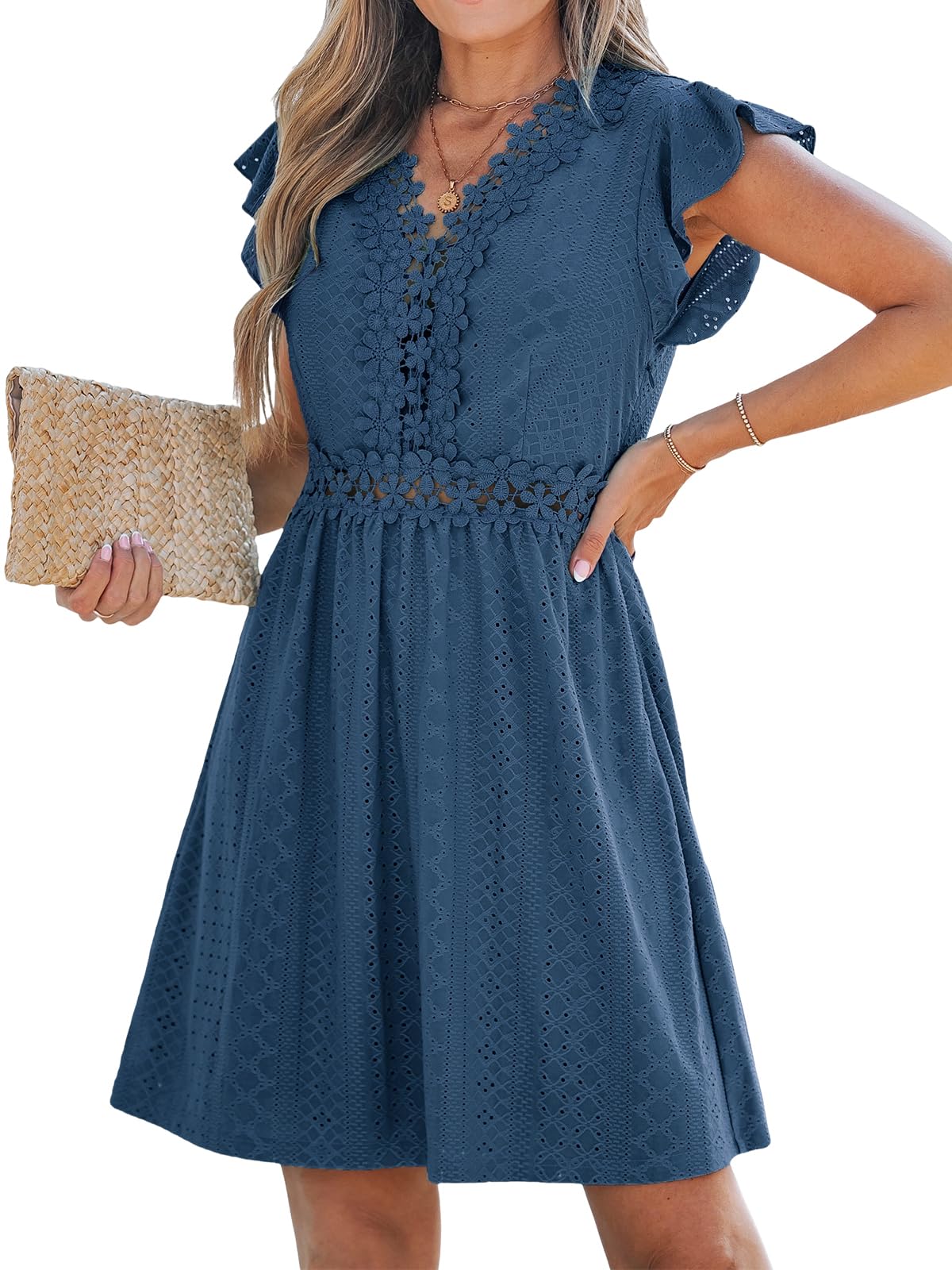 CUPSHE Robe d'été décontractée pour femme, col en V, appliques en dentelle, manches courtes, mini robe de plage