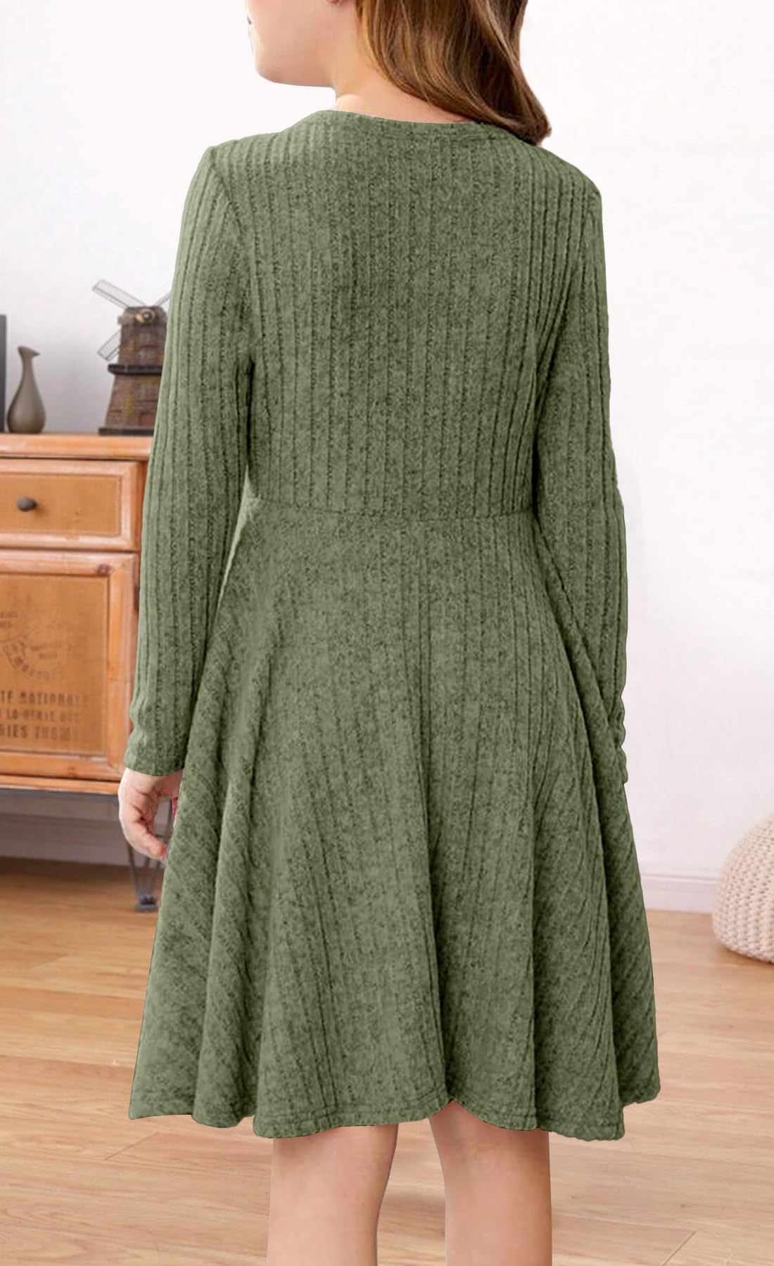YOVION Vestido de otoño de manga larga con cuello redondo y botones, casual, acampanado, de punto acanalado, con bolsillos, para niñas de 6 a 12 años