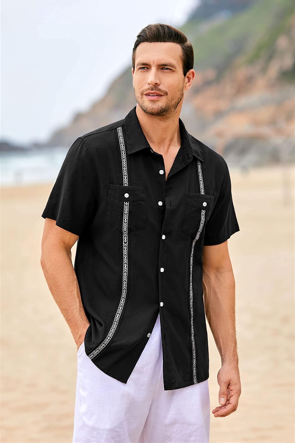 Vista 4 de Camisa de guayabera cubana para hombre, de algodón, lino, manga corta, informal, hippie, con botones, con bolsillo