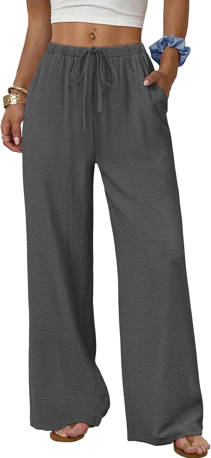 Sampeel Women's Linen Summer Palazzo Pants Flowy Wide Leg Beach Trousers with Pockets Dark Grey