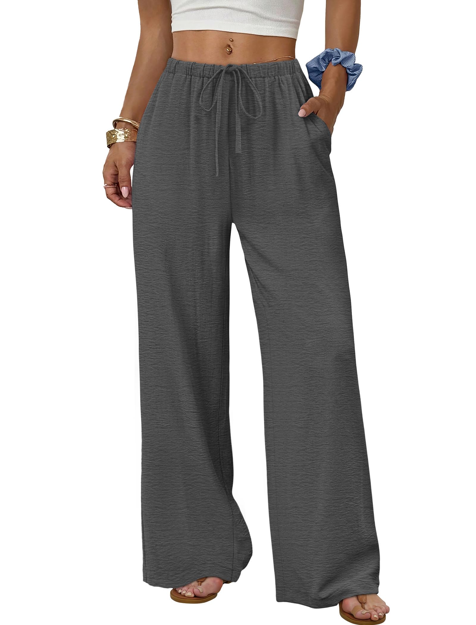 Sampeel Wide Leg Pants for Women Flowy Palazzo Drawstring Elastic Waist Trousers with Pockets Summer Beach Vacation Clothes — view 9
