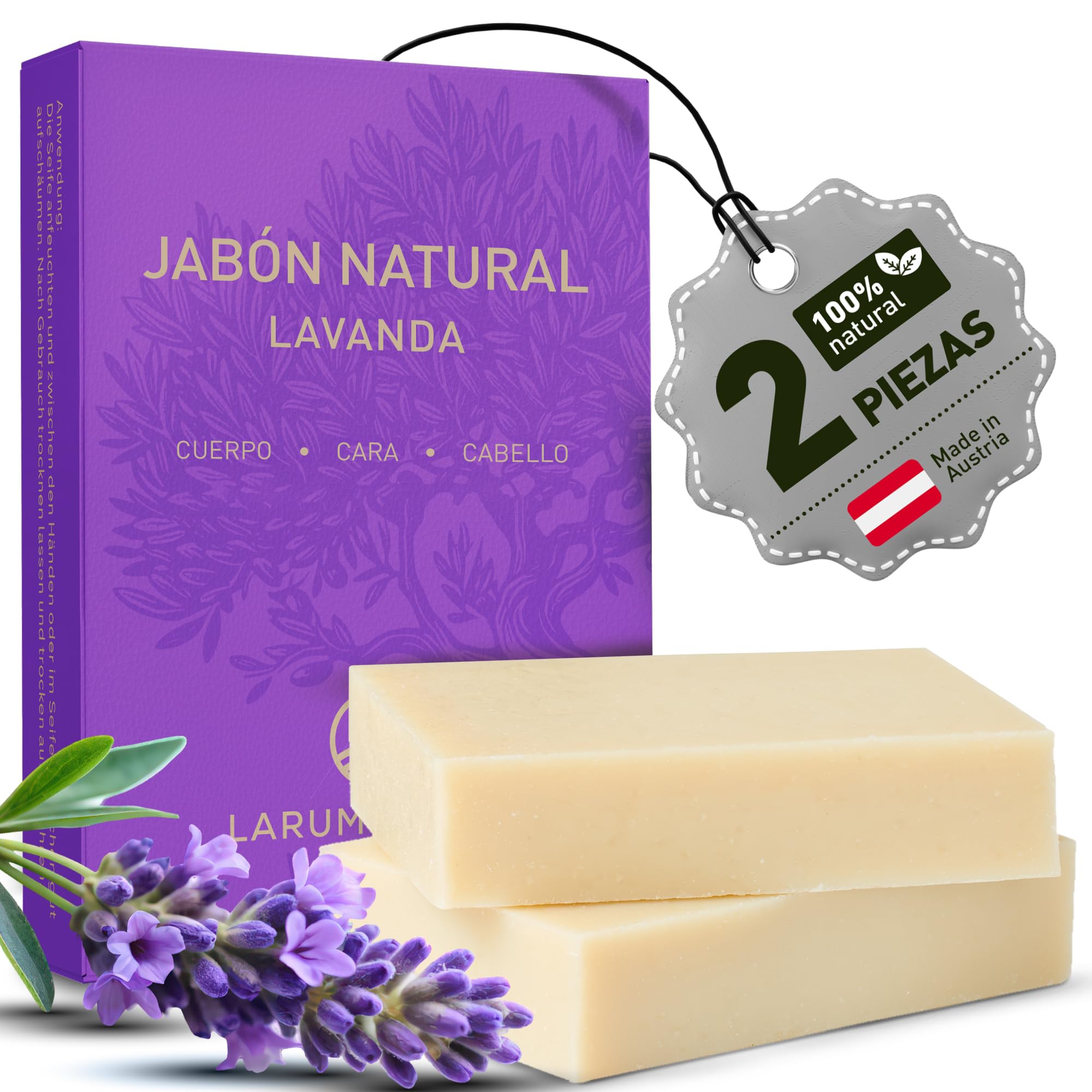 larum sports Jabon Natural Cuerpo y Cabello LAVANDA – Jabones Naturales Artesanales – Jabones para Regalar – Pastilla Jabon Ducha 100% Vegetal – 2x85g Jabón Natural Cuerpo Vegano