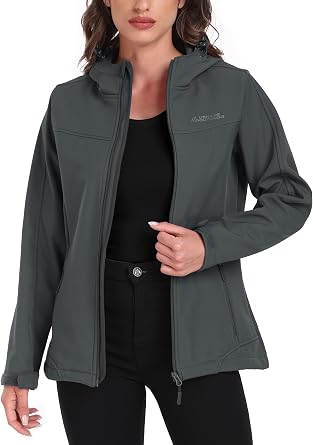 Softshell Jacket Women Fleece Lined Rain Jacket Waterproof Hood Lightweight Coat Ladies for Outdoor Hiking gray 2XL