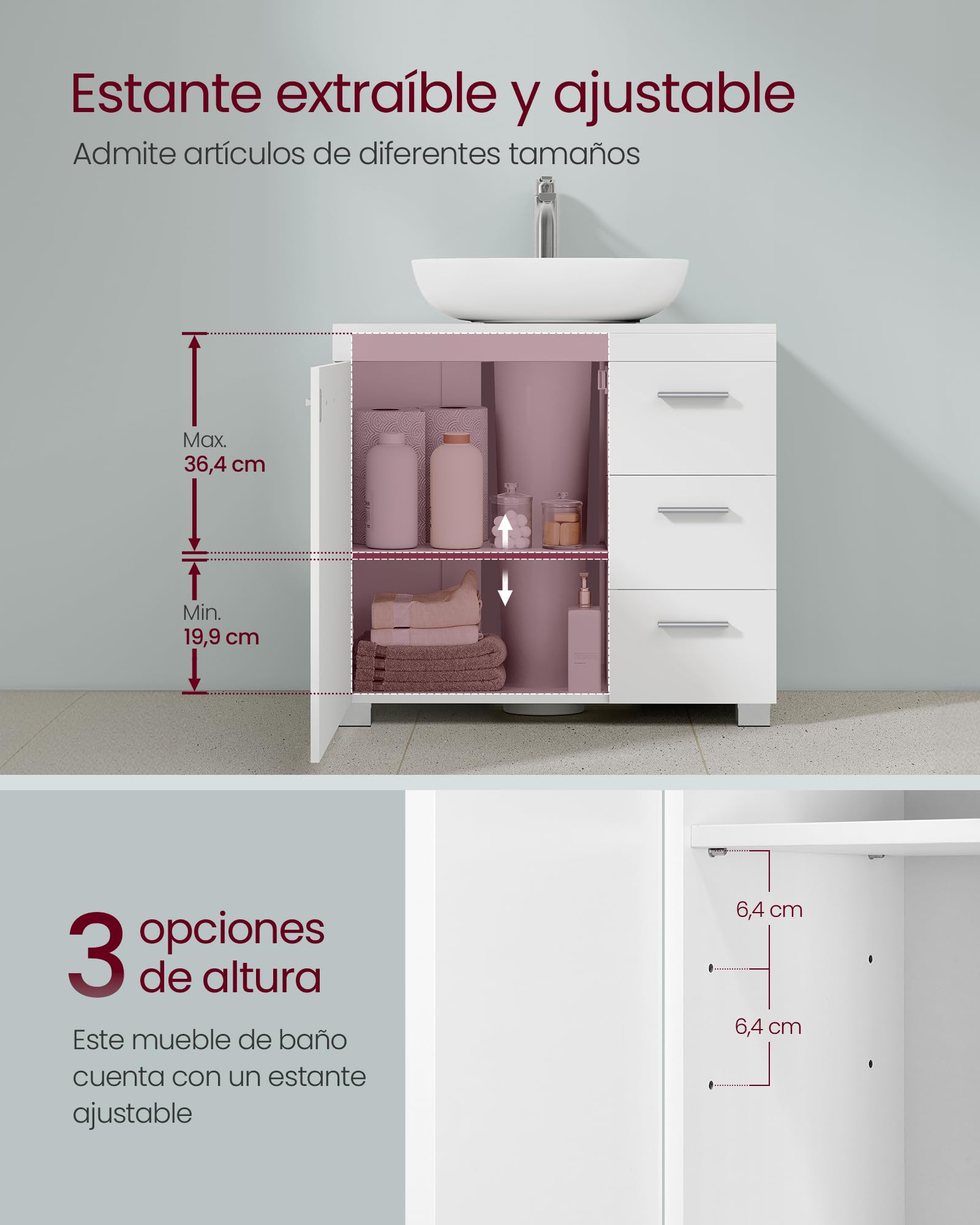 VASAGLE Mueble Bajo Lavabo, Armario de Baño, 3 Cajones, 2 Compartimentos Detrás de la Puerta, con Pies, 30 x 60 x 64 cm, Blanco Nube BBK514WB01