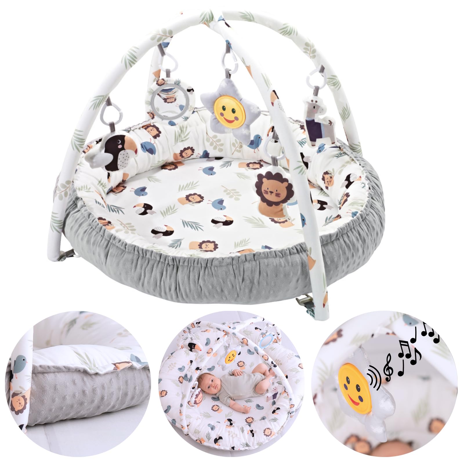 Olmitos - Gimnasio para bebés Multifuncional y Evolutivo con Arcos de juguetes LION, Manta de juegos, Juguetes Colgantes y Música - Estimula el Desarrollo Motor y Sensorial del Bebé