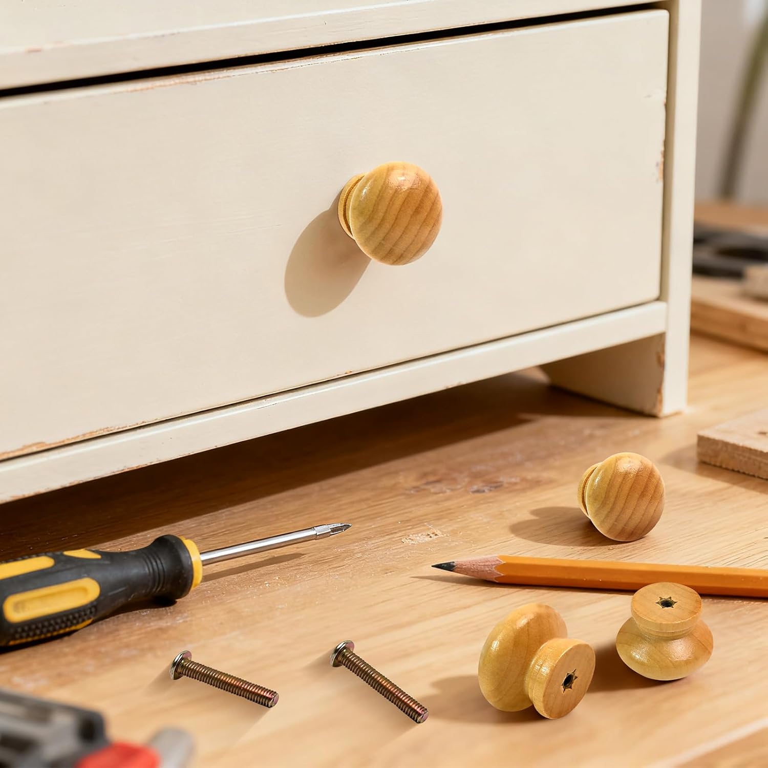 Wooden Cabinet Knobs, Mushroom Shape Drawer Pulls with Screws for Furniture, Wardrobes, Dressers, Kitchen Cabinets, DIY Home Decor Hardware (B Clear Varnish Color)