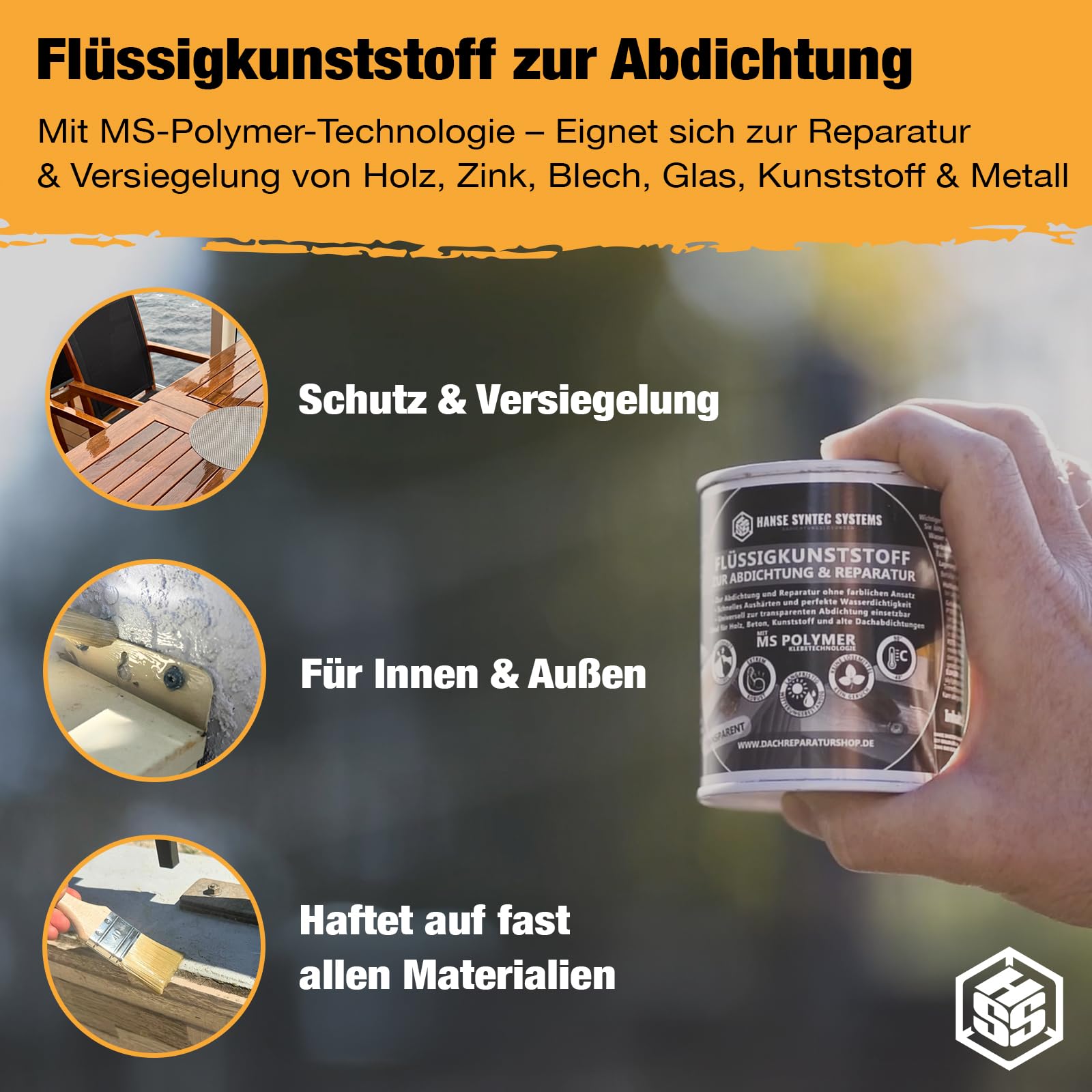 HSS Flüssigkunststoff für Abdichtung & Reparatur – UV- & witterungsbeständig – MS-Polymer – lösungsmittel- & bitumenfrei – Transparent – 800 g für ca. 2,2m²