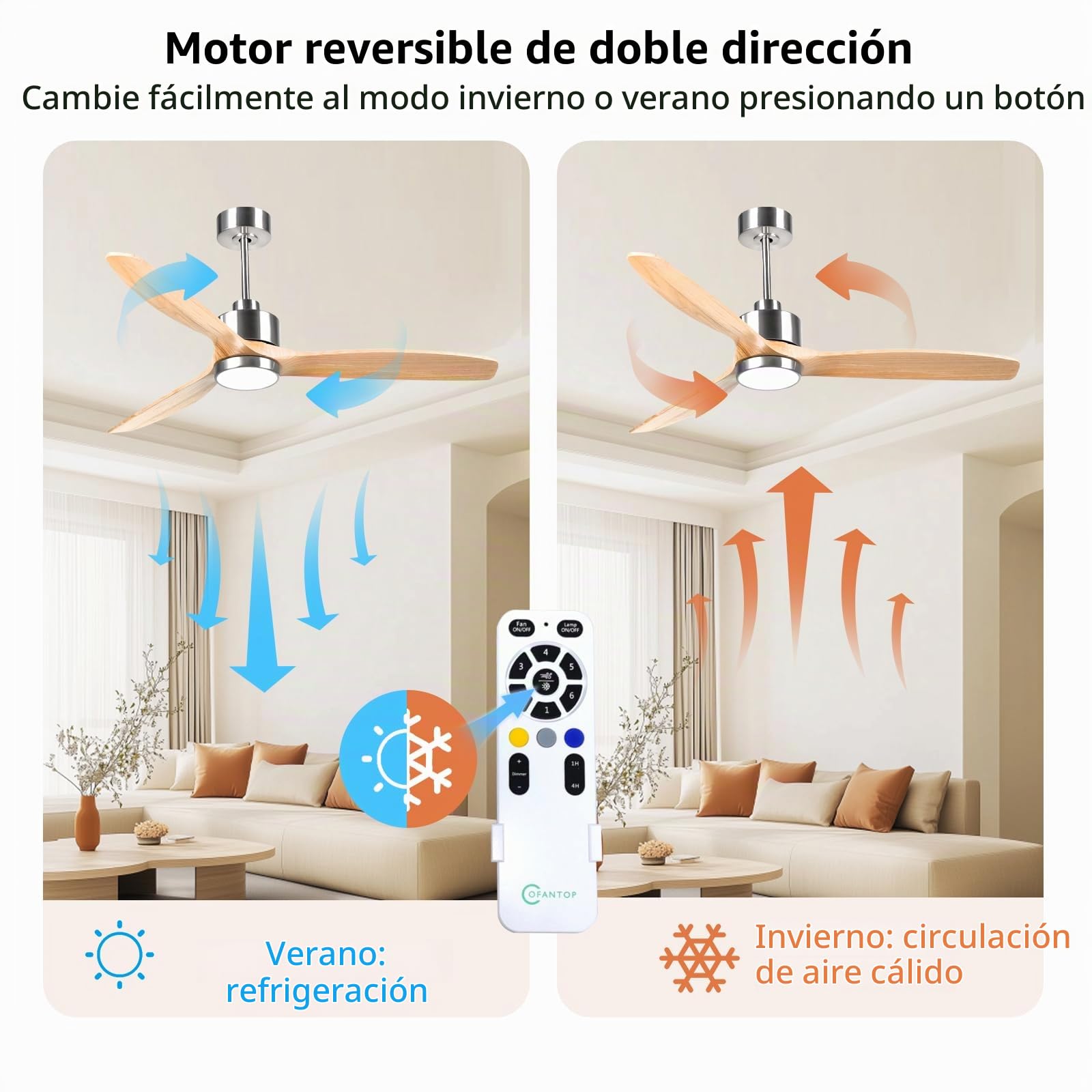 OFANTOP Ventilador de techo moderno de madera, 132 cm, con iluminación | mando a distancia, silencioso, motor DC conmutable para dormitorio, salón y garaje, madera natural