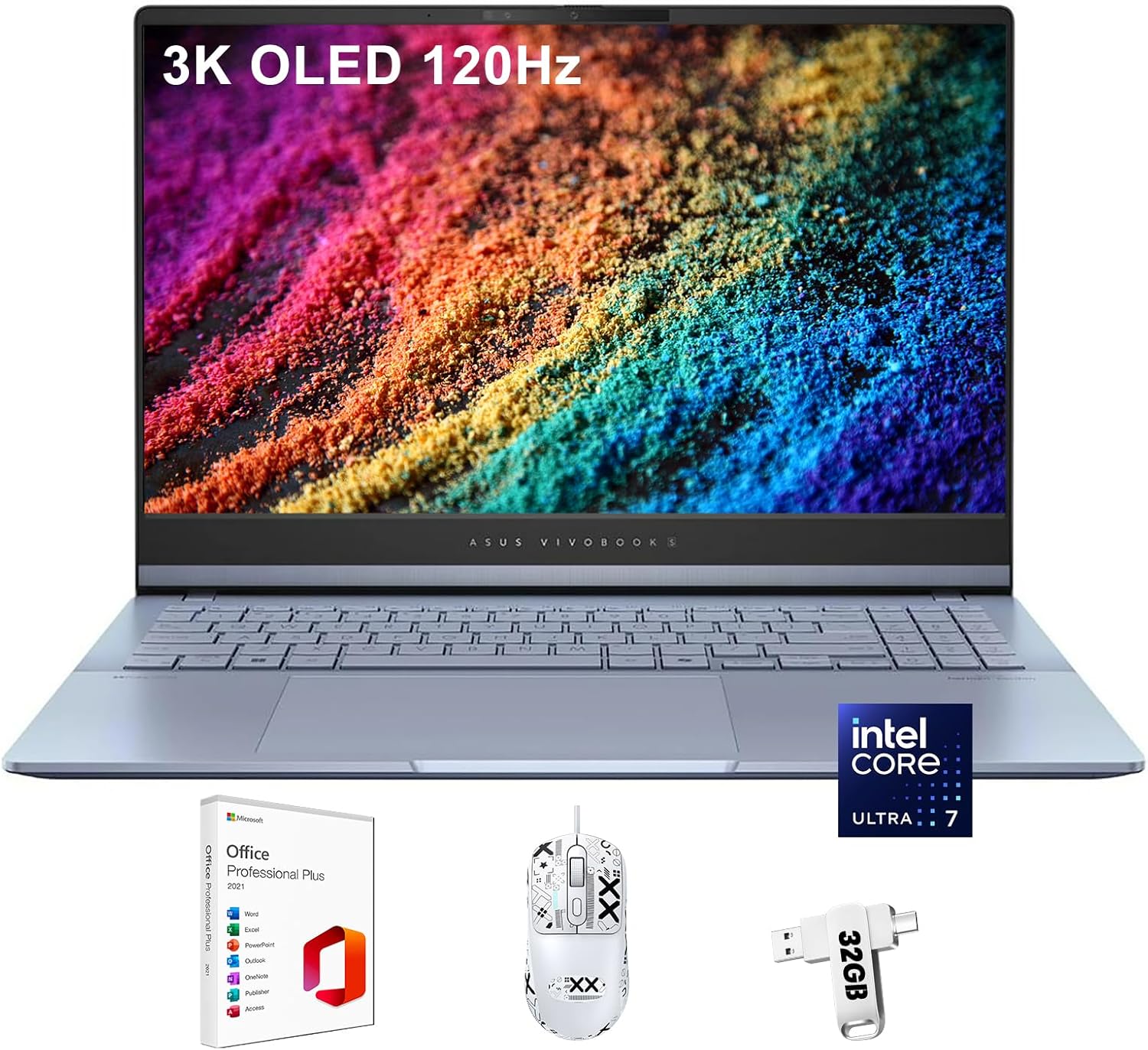 ASUS Vivobook S Laptop, 15.6 inch 3K OLED 120Hz Display, Intel Ultra 7-155H, 16 GB RAM, 1 TB SSD, with Windows 11 Pro + Office Pro + Mouse + 32 GB Flash Drive