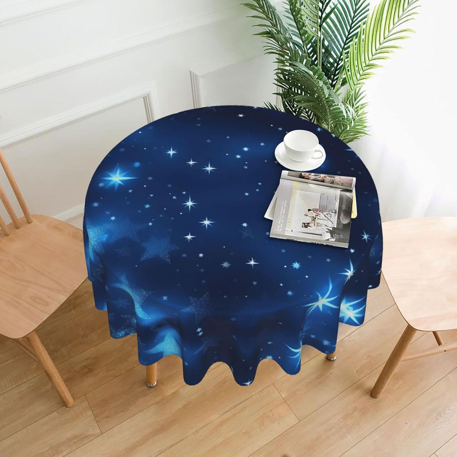 Blue Shining Stars Pattern Print Wrinkle Free Dining Table Cover for Birthday Party Farmhouse Tablecloths Up to 60 x 60 Inches