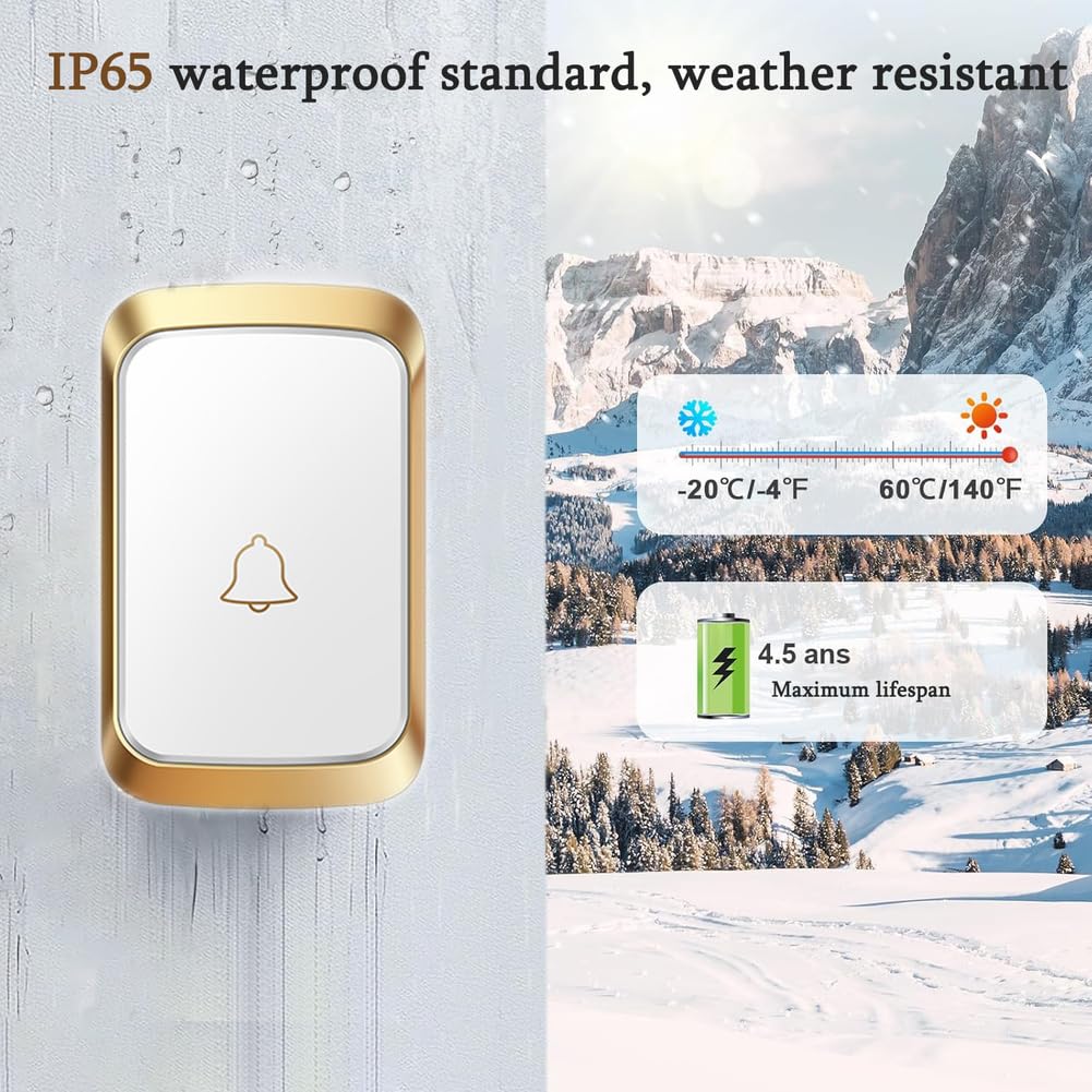 Genérico Timbre inalámbrico de 1000 pies de Alcance IP65, Kit inalámbrico hermético con 2 pulsadores, 38 melodías, 4 Niveles de Volumen, Flash LED, Apto para Puertas Delanteras y traseras,