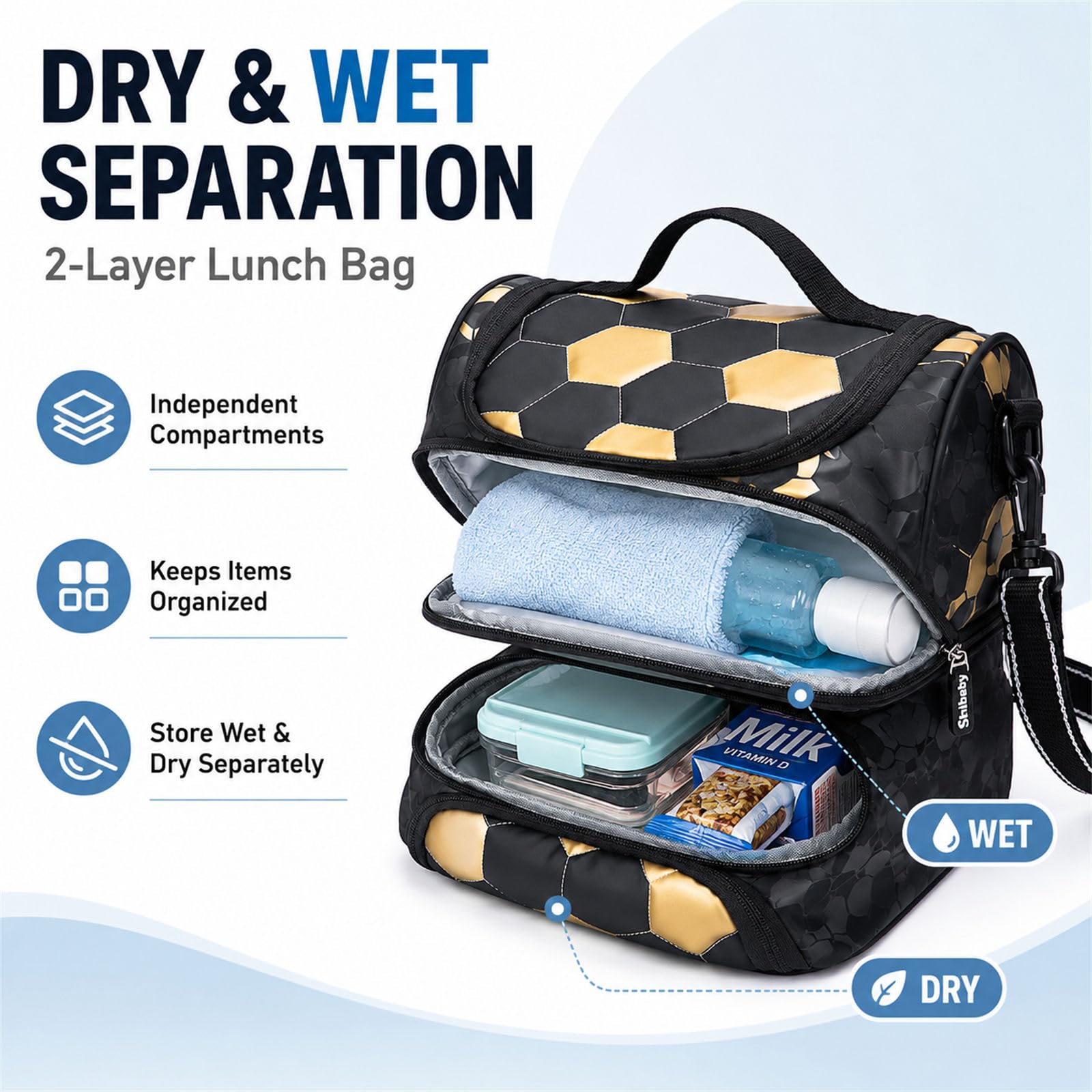 Morbuy Sac a Dos Enfant Ado 2 Pièces Motif Football (Blanc) | Cartable + Sac Isotherme, Eclair Sac Ecole Grande avec Rembourré et Fermeture pour Adolescent 10-16 Ans