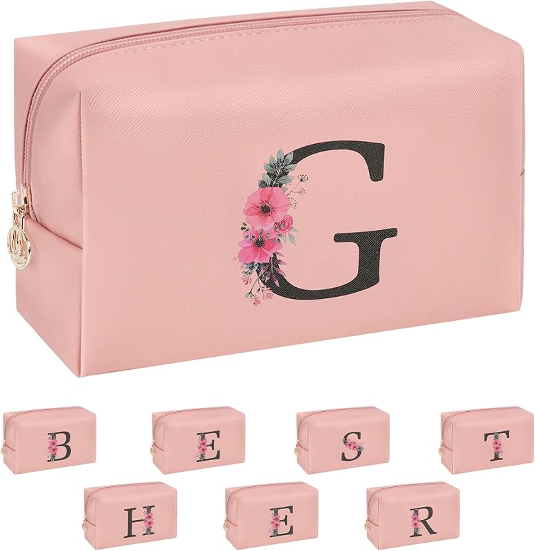 Necessaire de maquiagem personalizada com inicial onemoky, estampa floral, cor rosa, modelo Z1137