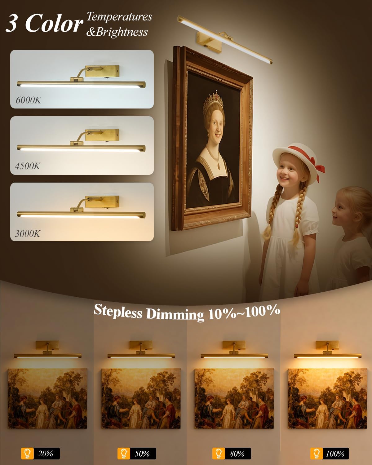 picture lights for wall battery operated,24 inch wireless rechargeable art lights for pictures,3cct dimmable retractable painting light with remote & timer,glare-free for gallery light,gold gold 24 inches