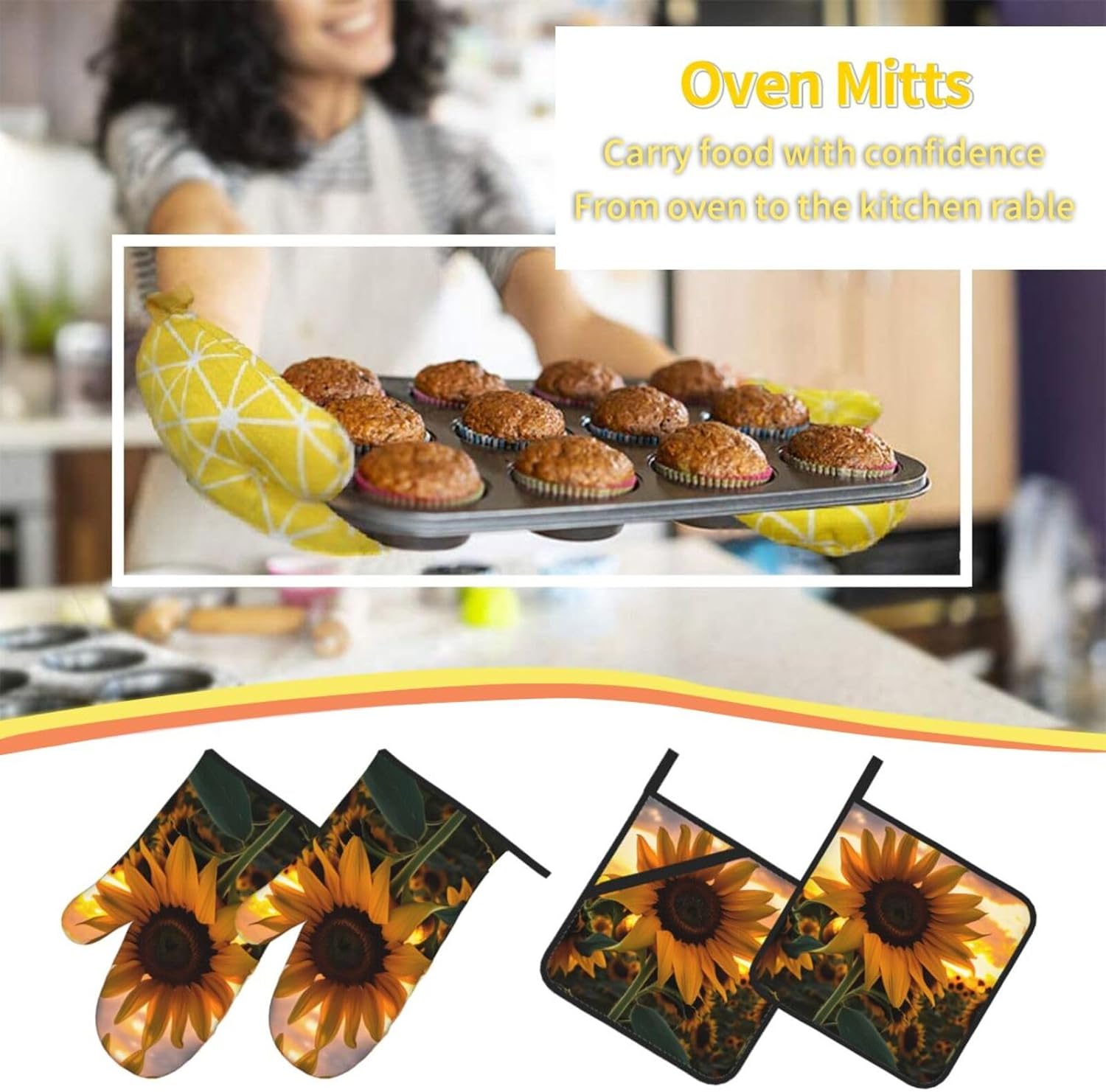 Farm Sunflower Oven gloves and heat-resistant mat 4-piece set. Suitable for grilling, microwave oven frying, and baking