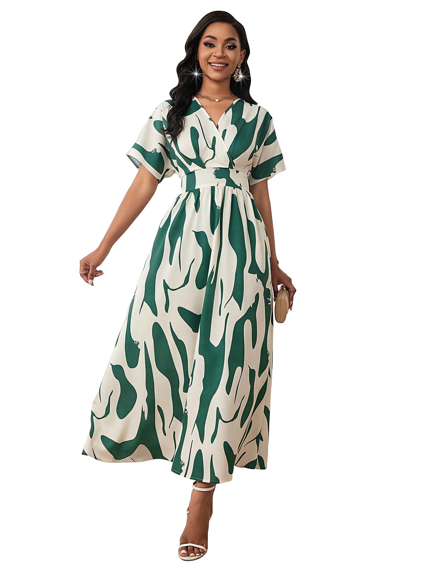 Shasmi Women's & Girl's White Green V-Neck Printed Dress With Ruffled Hem And Belted Waist For Vacation, One Piece Maxi For Women's Casual Dresses (140 Dress White Green-S)