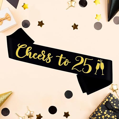 Miniatura 4 de Banda con texto en inglés "Cheers to 25", banda de oro negro con texto en inglés "It's My 25th Birthday" para mujeres y hombres, regalos de feliz 25
