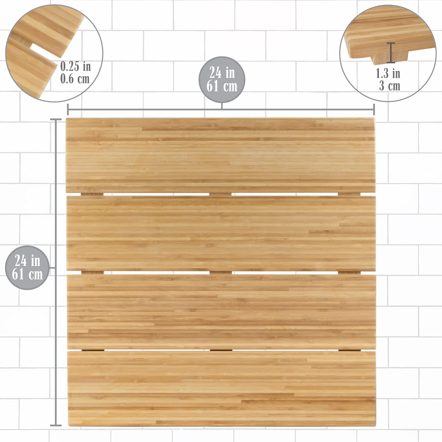 BambooMN Bamboo Bath Mat for Bathroom, Spa, Outdoor Shower, Extra Large Square (24" x 24" x 1.3"), Anti-Slip, Water Resistant Coating - 1 Piece