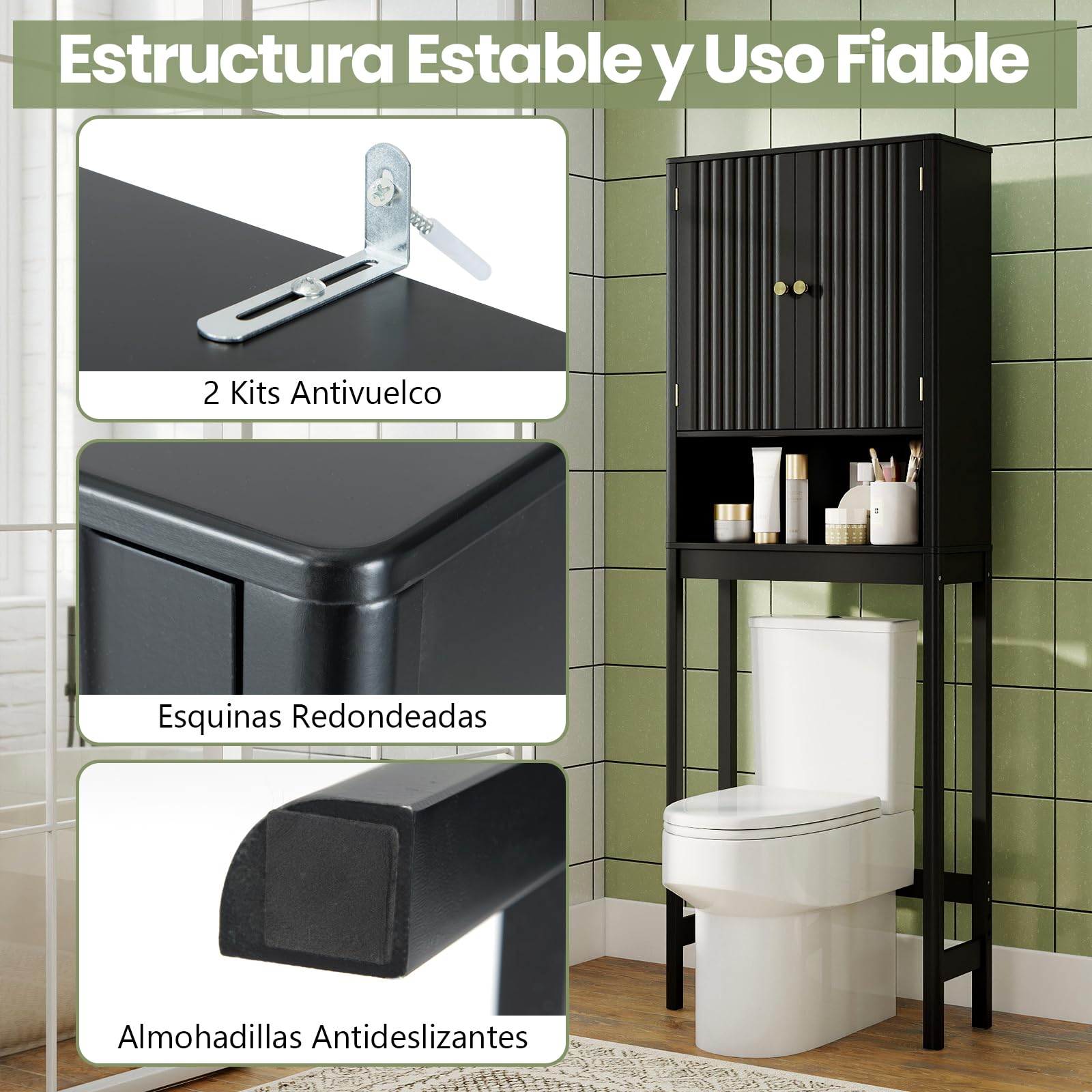 COSTWAY Mueble sobre Inodoro, Mueble de Baño con Puertas Acanaladas, Estante Ajustable en 3 Posiciones y Barra Inferior Ajustable en 3 Niveles,Armario Alto sobre el Inodoro con Almacenamiento (Negro)