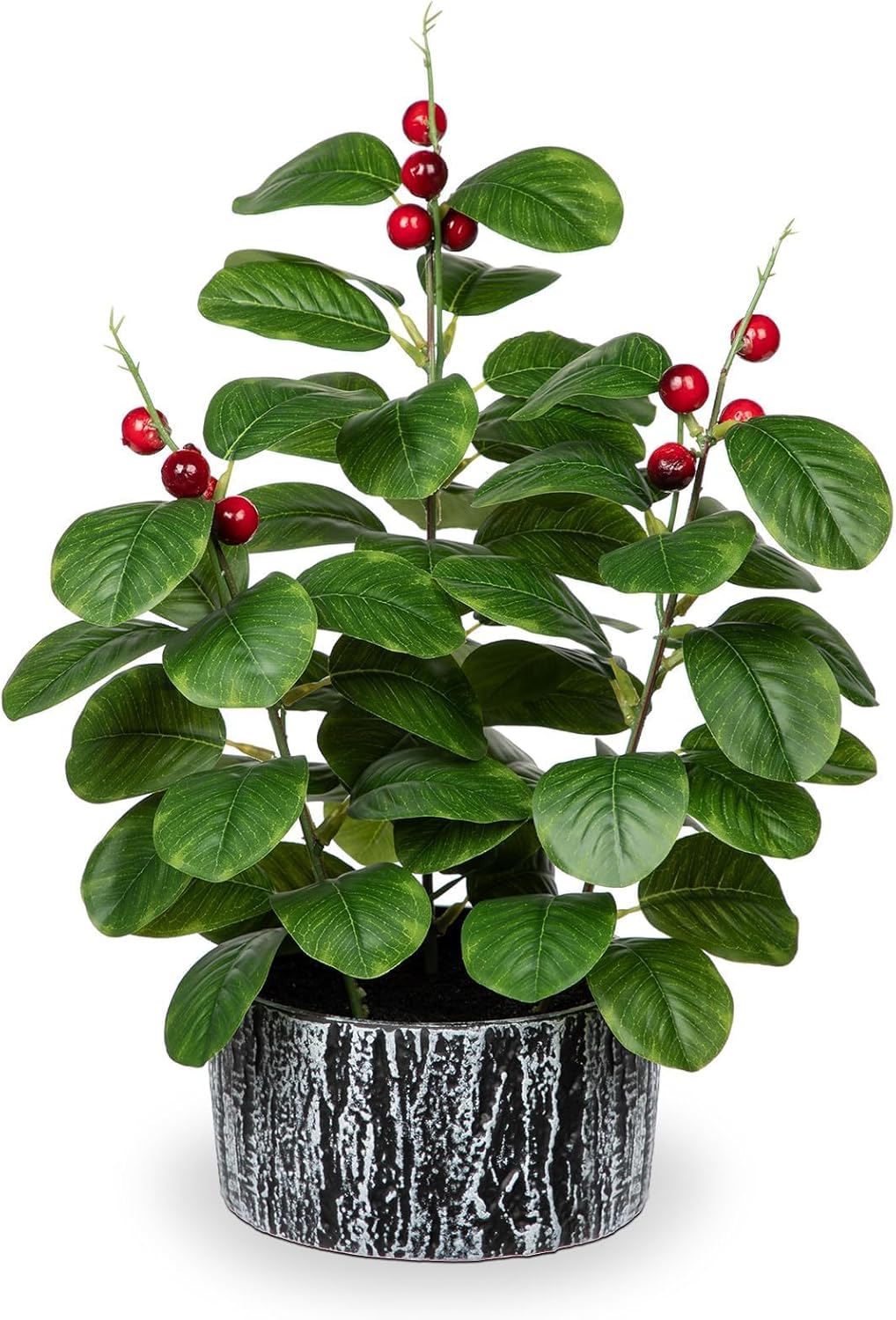 GnFlus Artificial Plants Decor Greenery Fake Ficus Leaf with Red Seeds Indoor Potted 14" Fake Plant in Rustic Black Ceramic Planter for Farmhouse Room Christmas Kitchen Office Table Desk Decor