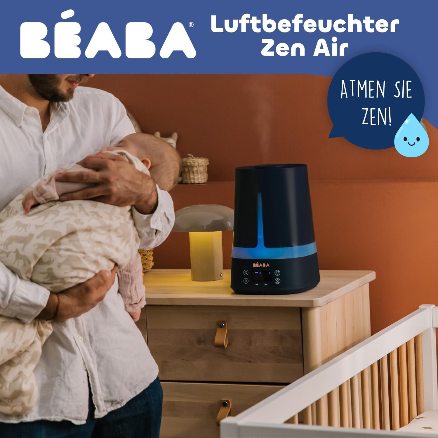 BÉABA, Luftbefeuchter Babyzimmer, 4 l, 27 Stunden Dauerbetrieb, geräuscharm, Nachtlicht mit 7 Farben, 3 Helligkeitsstufen, um 360° schwenkbare Düse, 2 Betriebsmodi, LED-Display, Timer, nachtblau