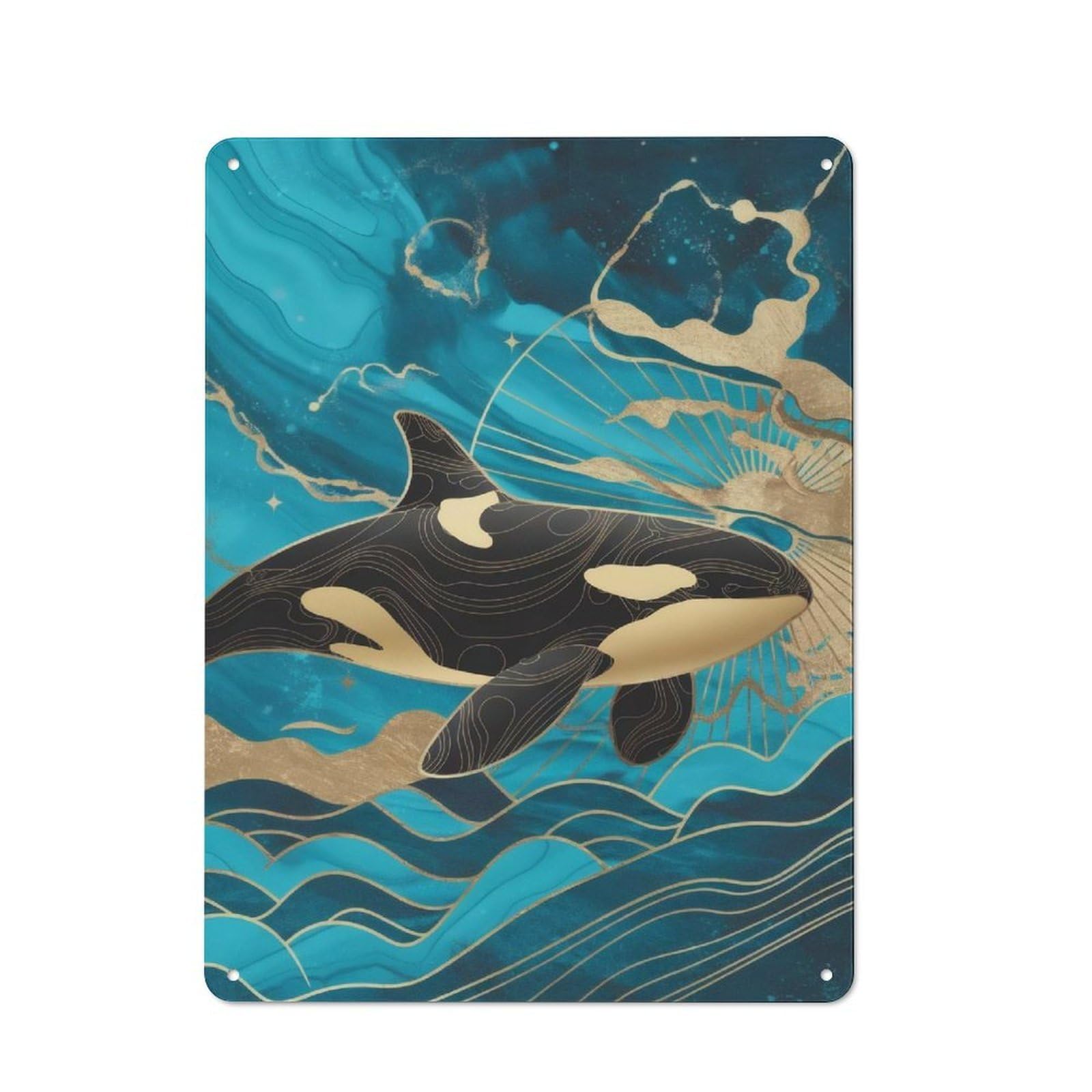 Workshop Style Elegant Orca Whale in Ocean Metal Wall Sign 40x30cm, Industrial Wall Art for Workshop, Basement, Shed Or Games Room