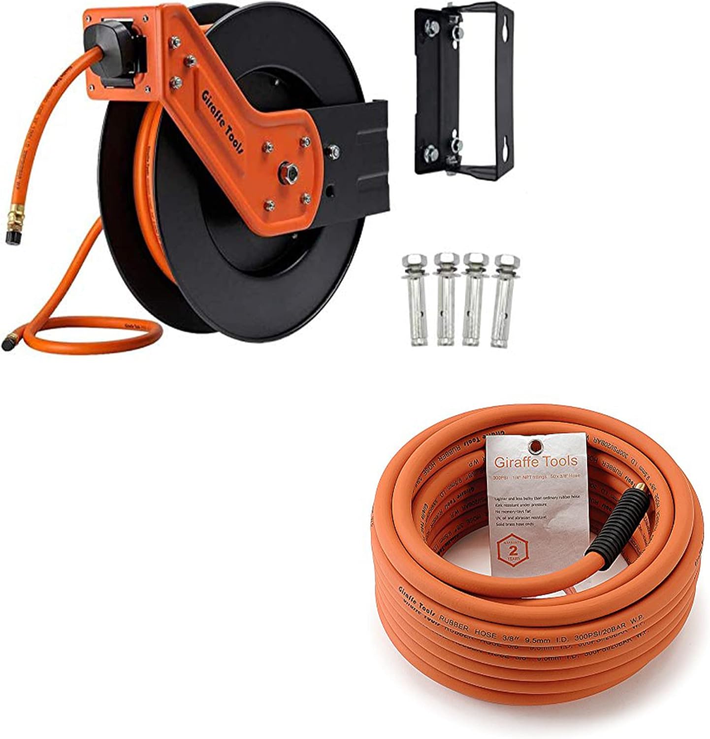 Giraffe 50ft Rubber Hose with Retractable Air Compressor Hose Reel