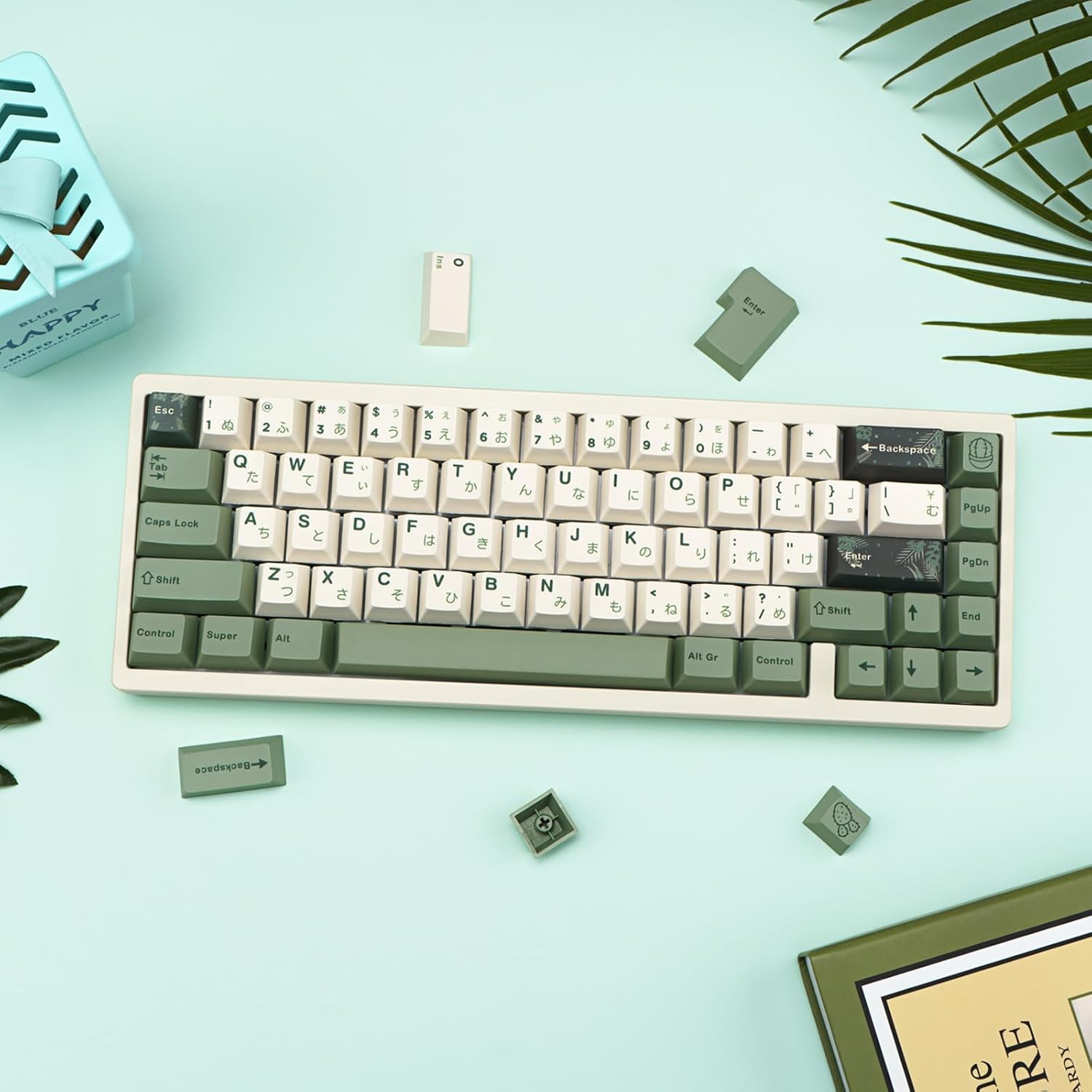 Green Japanese Keycaps, Cherry Profile Botanical Keycap 130 Keys, Custom Thick PBT Key caps, Dye Sublimation Keycaps for ANSI/ISO Gateron Cherry MX Switches Mechanical Keyboard