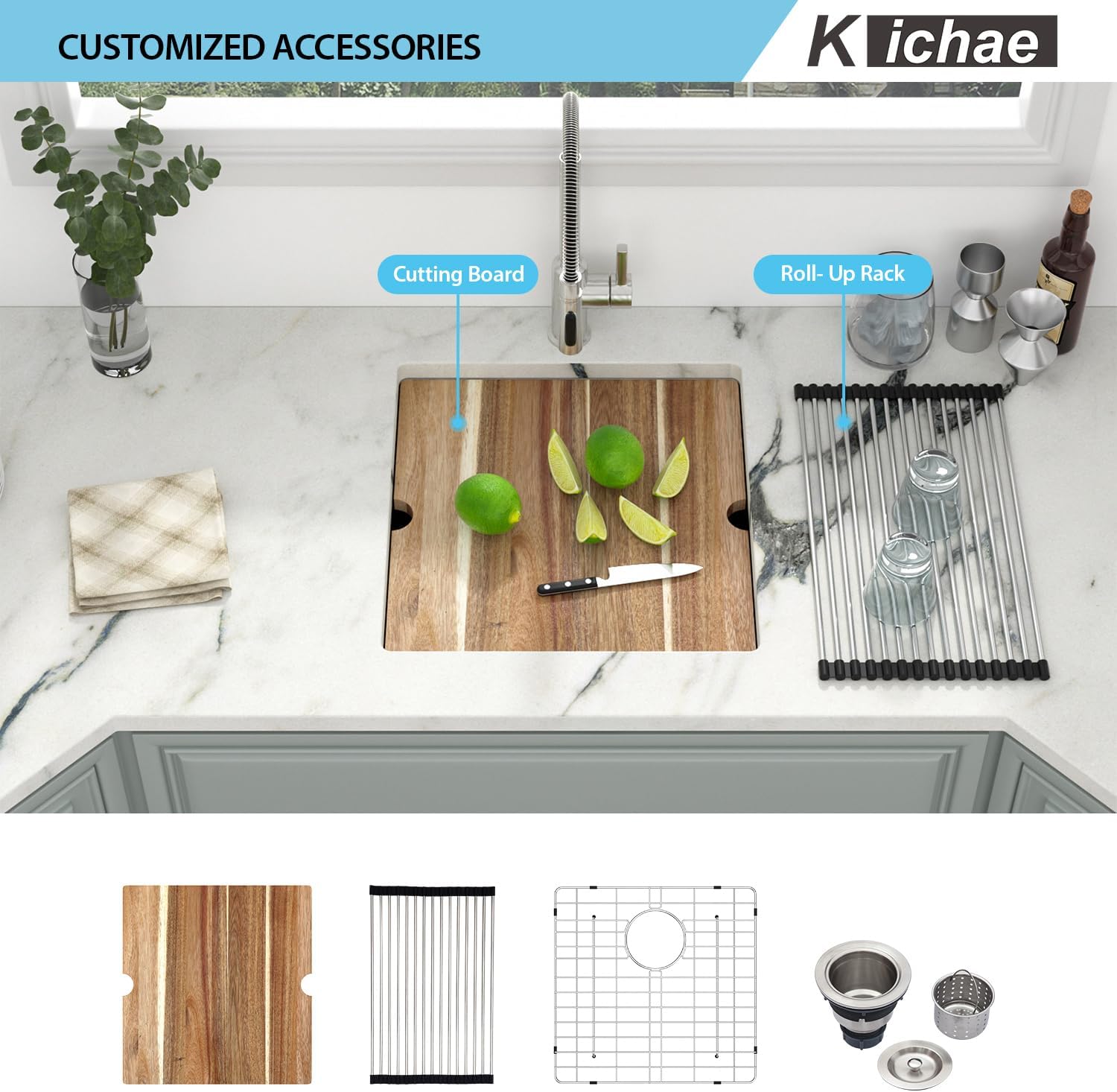 Kichae Undermount Bar Sink - 19" x 20" RV Bar Prep Kitchen Sink Stainless Steel 16 Gauge Workstation Wet Bar Sinks Single Bowl Handmade Basin With Cutting Borad