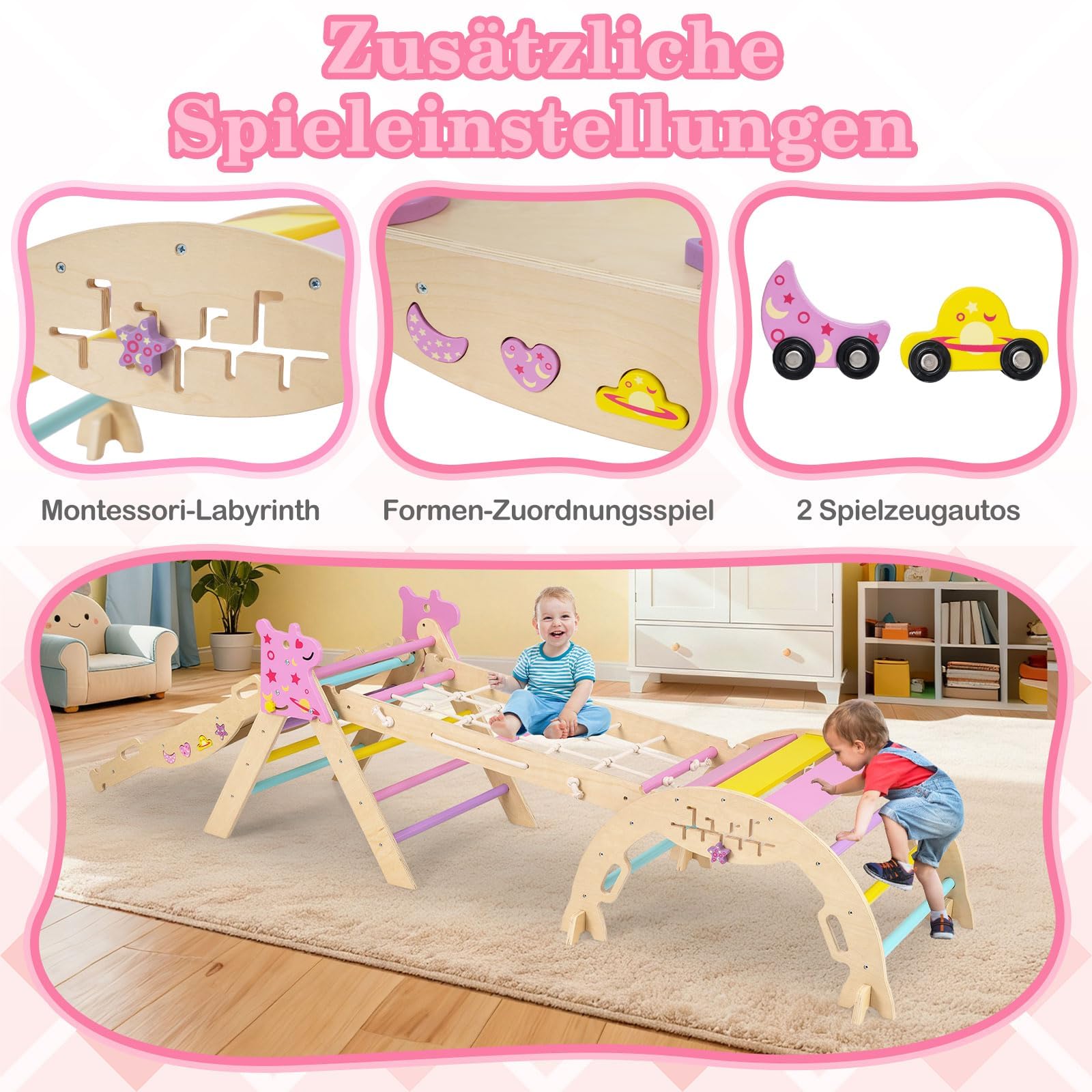 FANTASK Rusztowanie wspinaczkowe 7 w 1, do wnętrz, trójkąt do wspinaczki ze zjeżdżalnią, łuk wspinaczkowy, siatka, w zestawie dwustronna rampa, zestaw klocków i 2 samochody, drewniany jednorożec