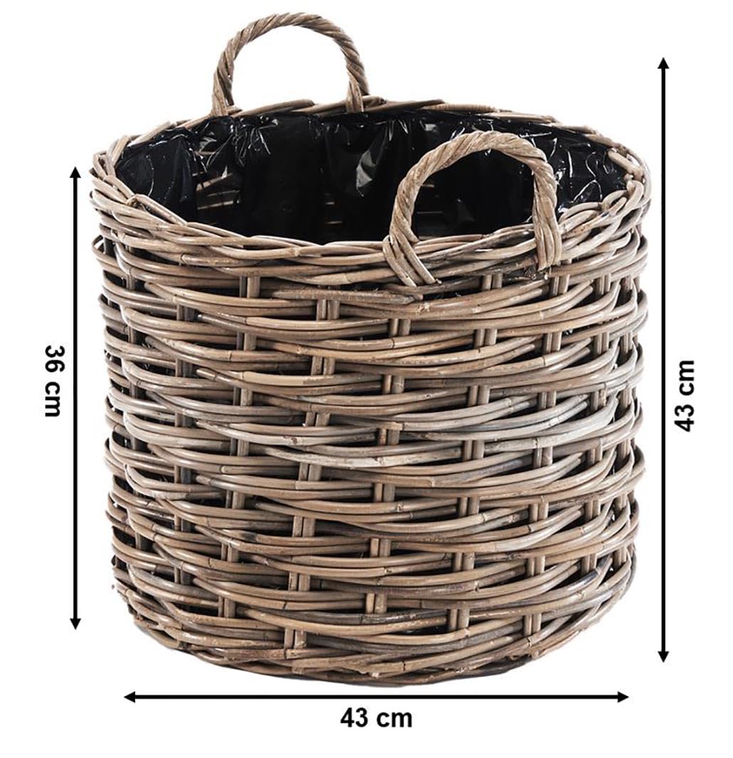 Kobolo Pflanzkorb KERT rund Grauer Rattankorb mit Folie 43x43x43 cm