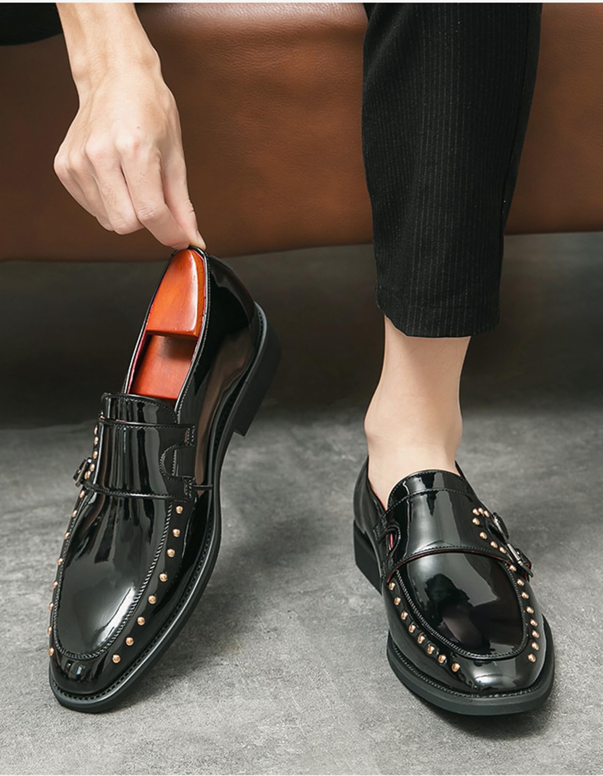 Zapatos De Vestir Brillantes De Hombre con Hebillas Dobles Y Tachuelas Mocasines para Fiesta Boda O Esmoquin Fáciles De Poner