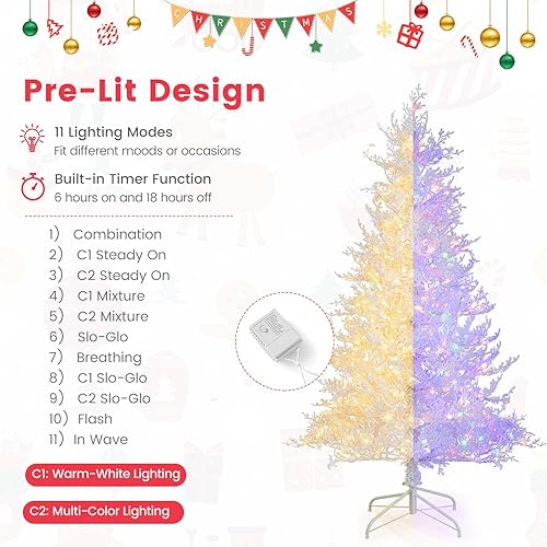 Miniatura 4 de Goplus Árbol de Navidad artificial preiluminado de 6 pies, árbol de Navidad con bisagras blancas con 383 puntas de polietileno flocado de nieve, 300