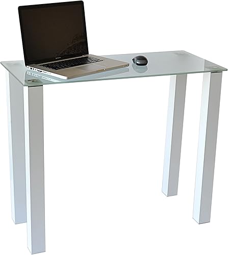 Escritorio utilitario para el hogar y la oficina o soporte utilitario con vidrio templado esmerilado, blanco brillante
